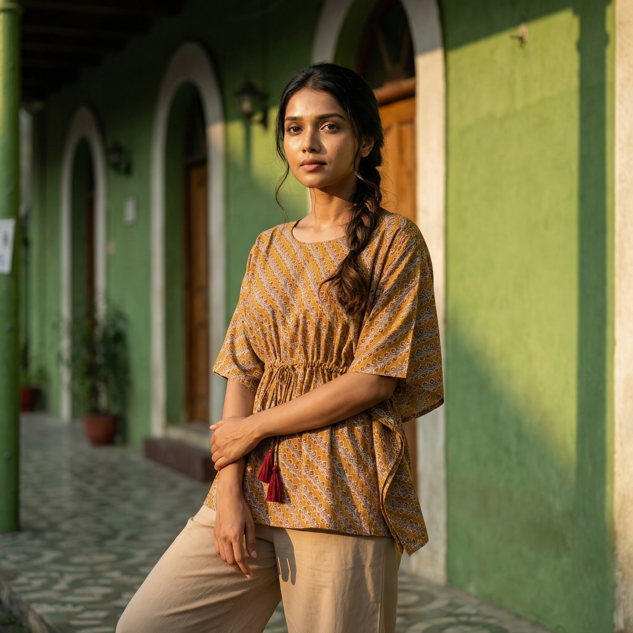 Kaftan Top #21- Chevron printed organic cotton kaftan top in mustard yellow