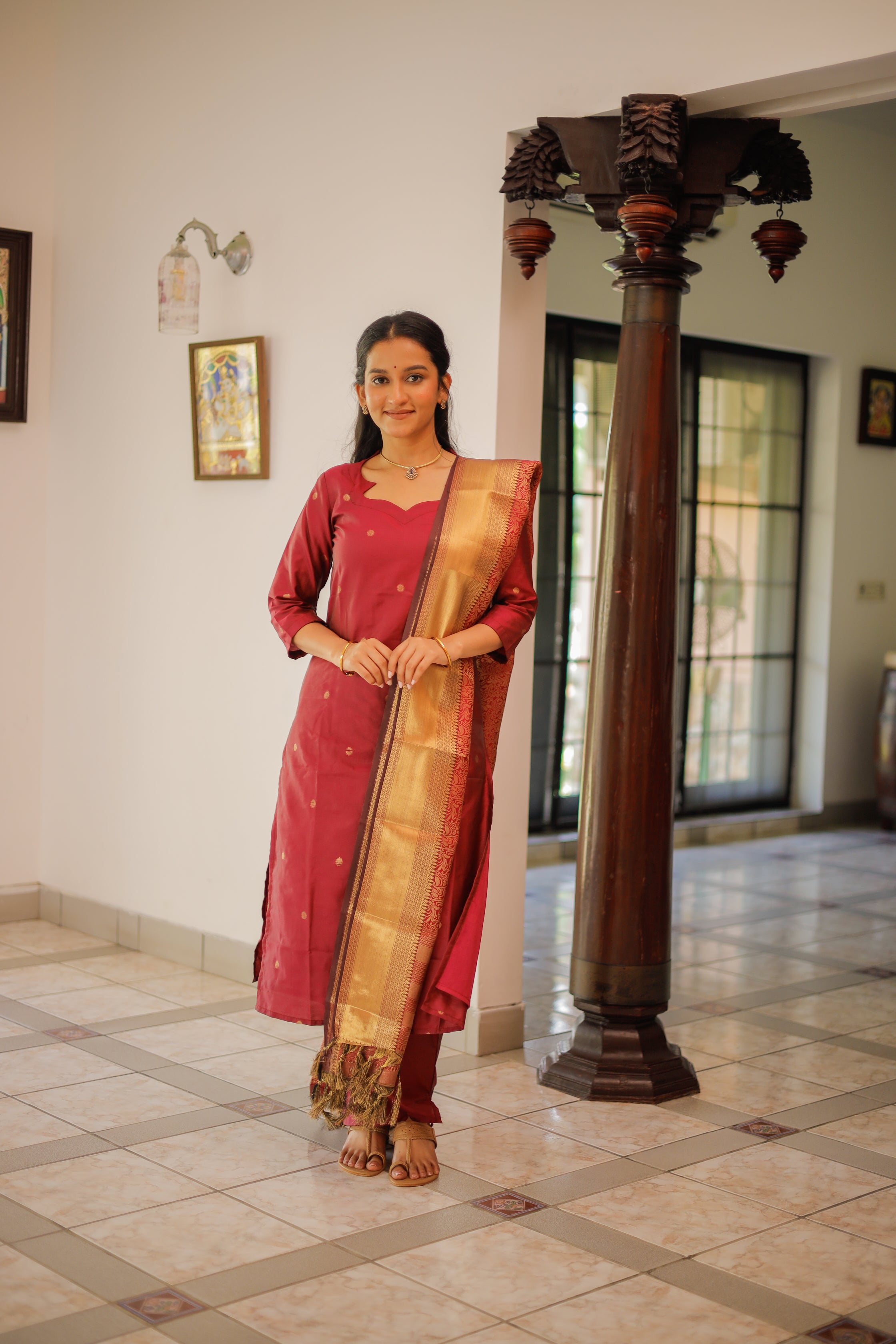 Ilavarasi (magenta) - gold zari vegan silk suit set in magenta