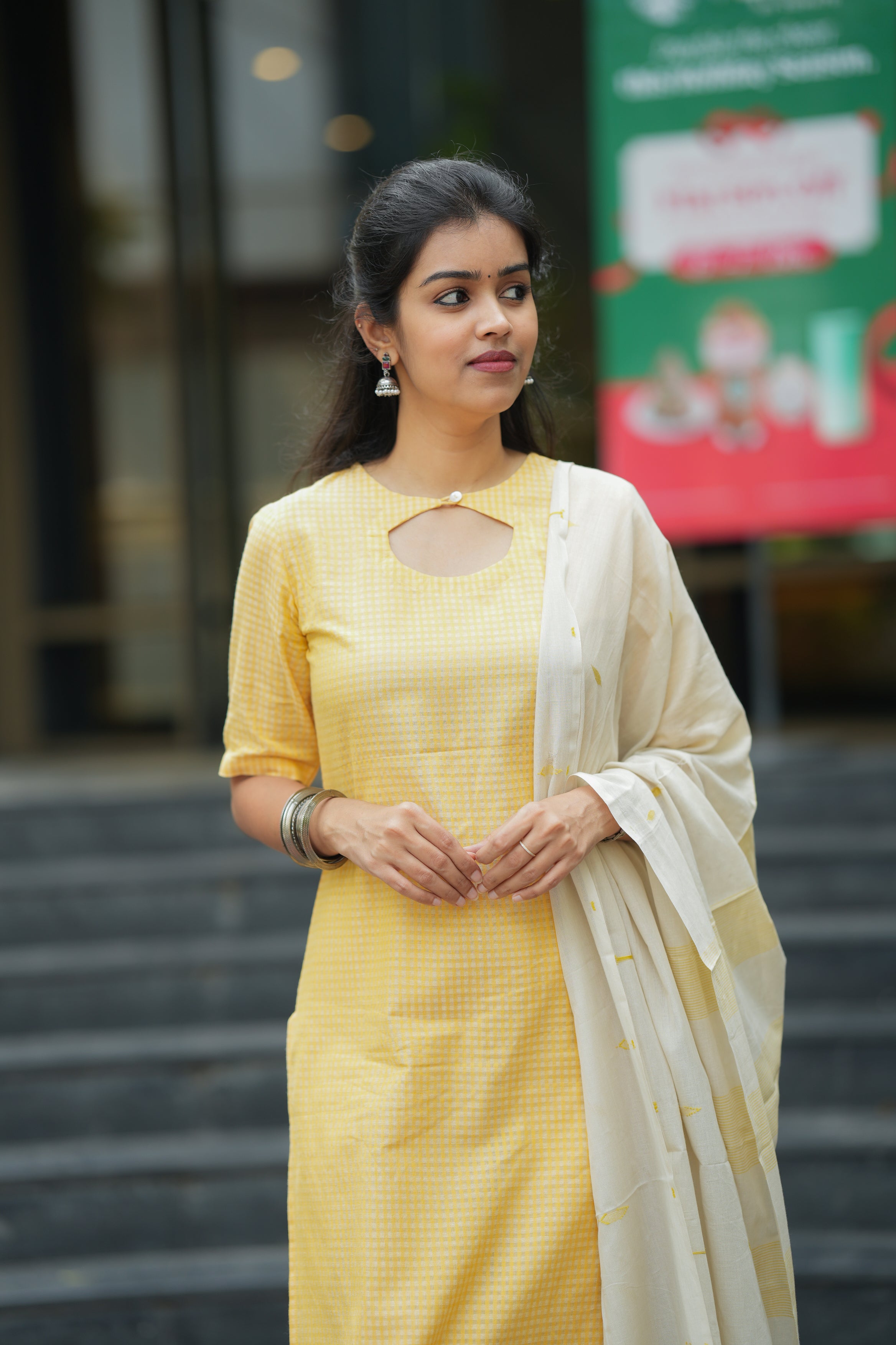 Nimisha (yellow) - checked handloom cotton suit set in yellow