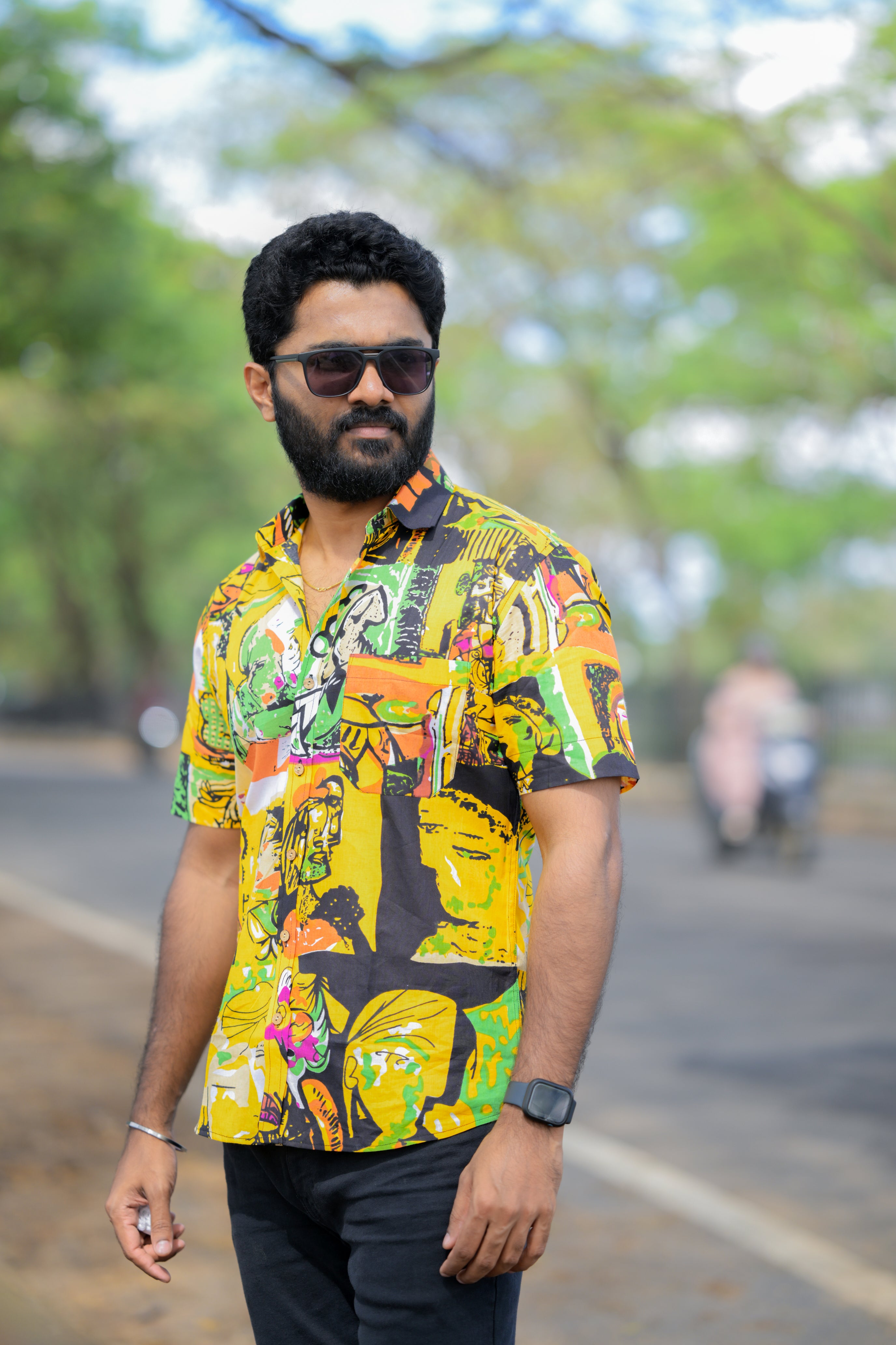 Shirt - 23 - abstract handblock printed organic cotton shirt in yellow
