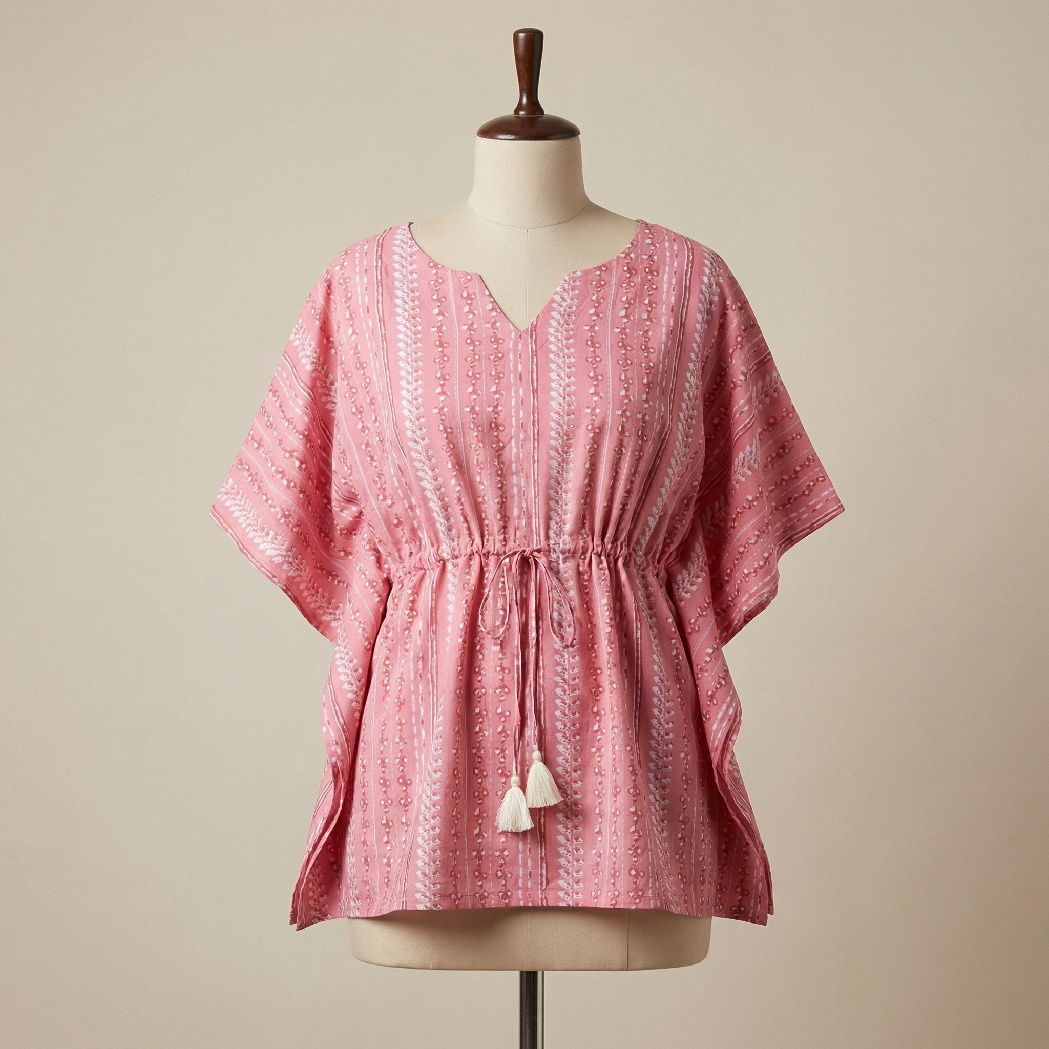 Kaftan Top #19- Leaf motif printed organic cotton kaftan top in baby pink