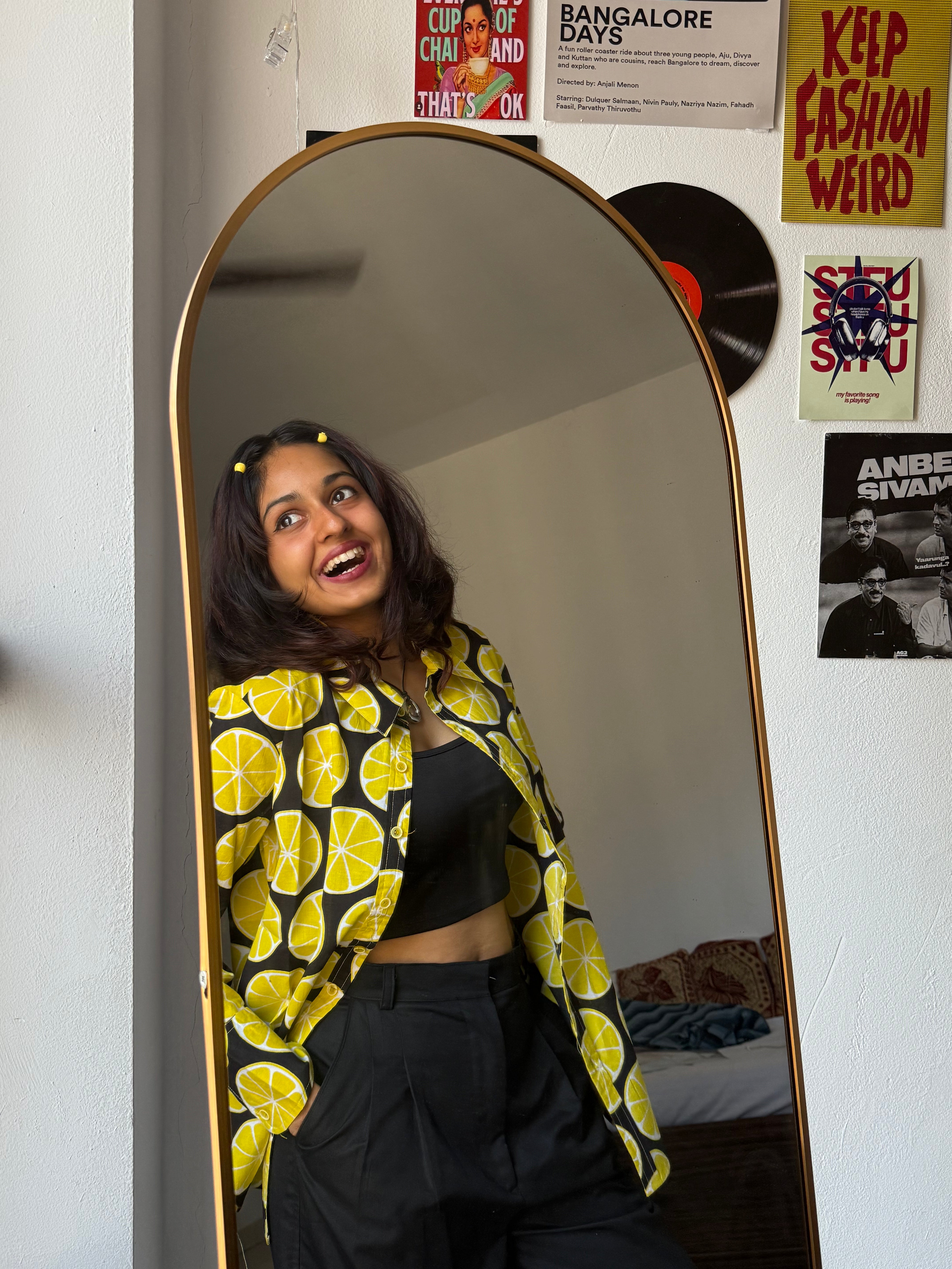 Women's shirt 2 - lemon printed cotton shirt in black and yellow