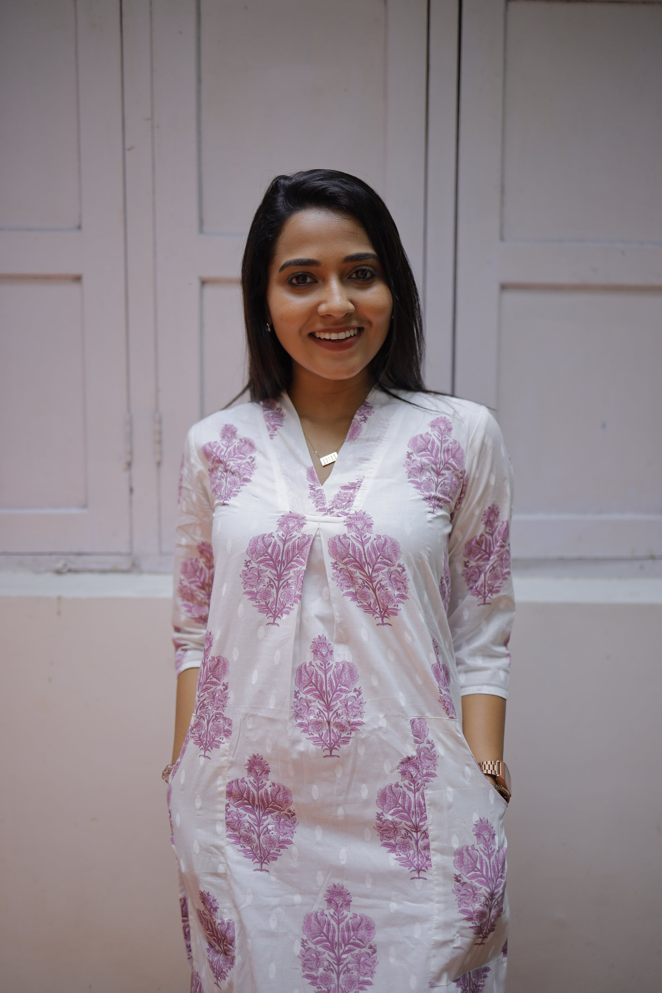 Madhavi - mughal printed organic cotton suit set in white and purple 