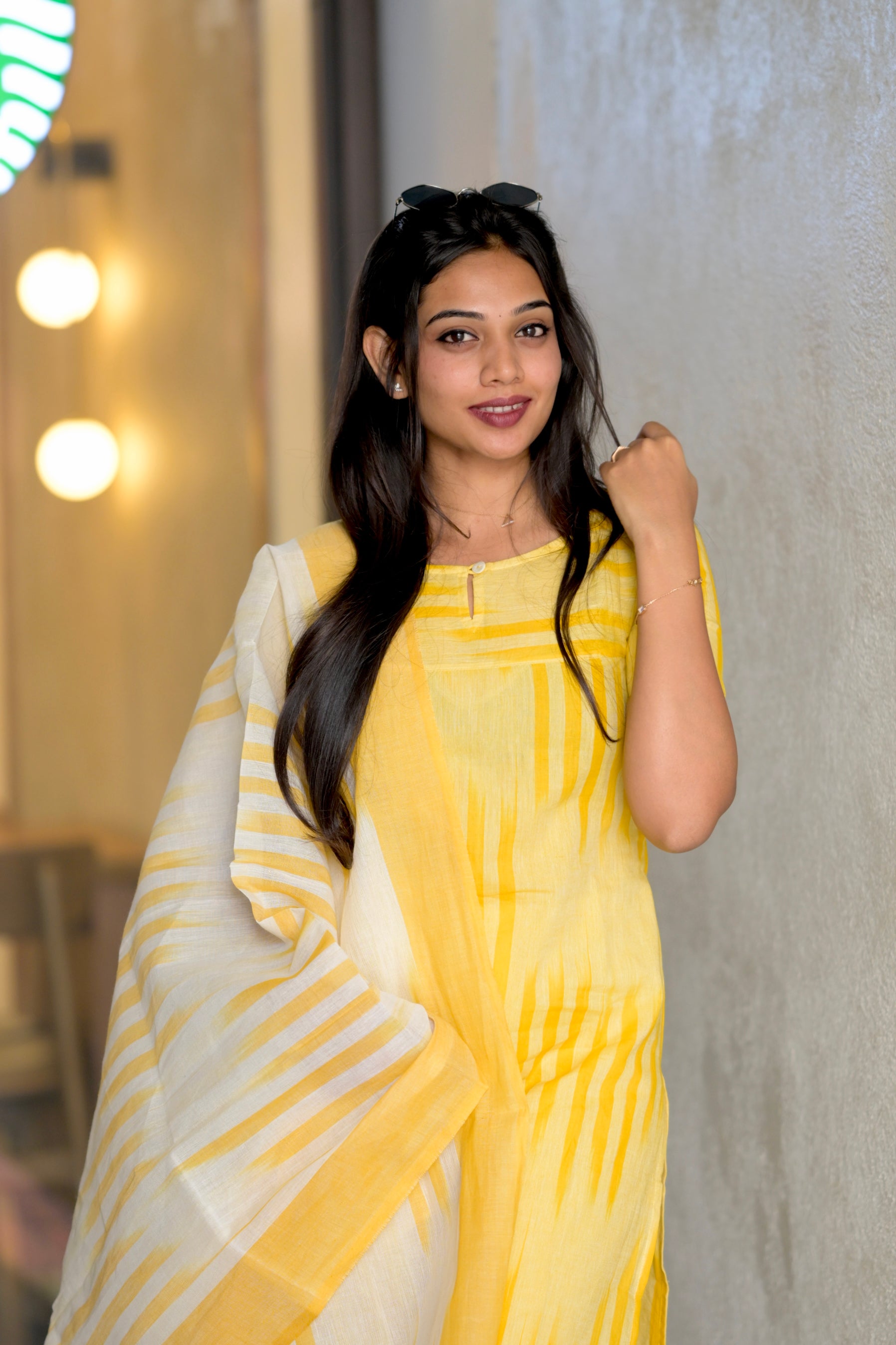 Kalki(lemon yellow)-ikkat handloom cotton suit with dupatta in lemon yellow