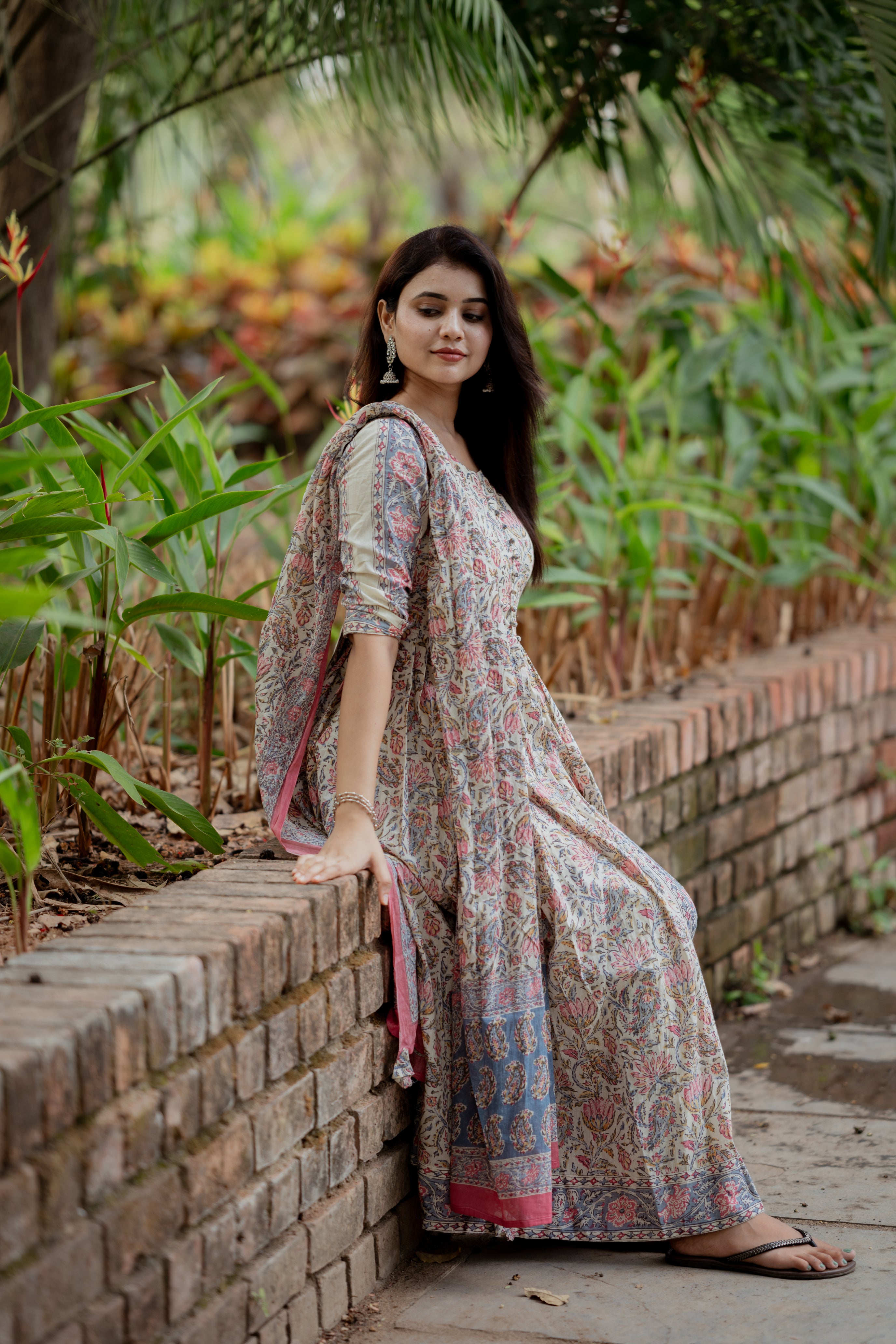 Nadhiya - flared cotton anarkali suit set in white