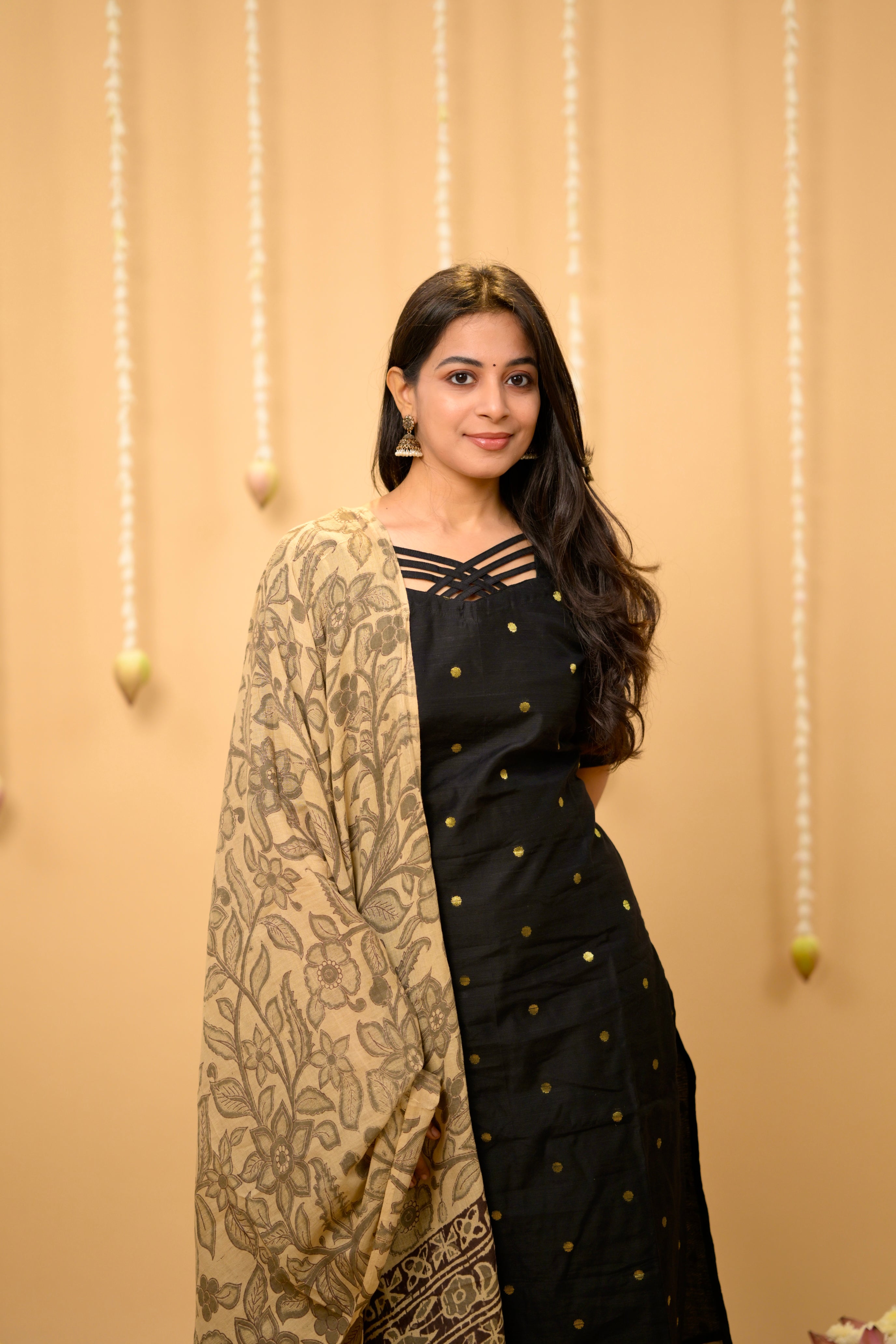 Kothai (black) - handloom silk by cotton suit set with hand painted kalamkari dupatta in black