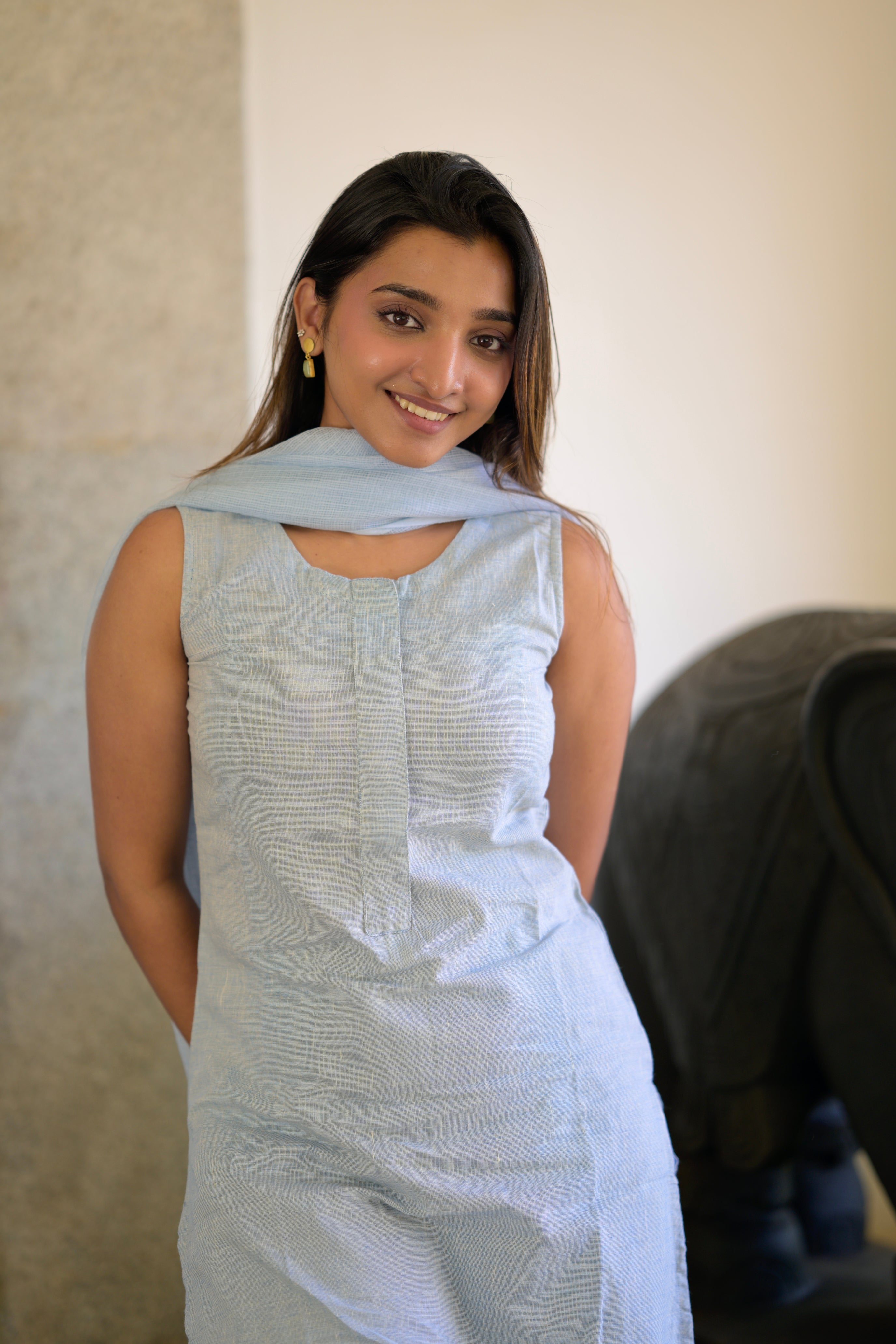 Janaki (blue) - linen handloom cotton suit set in blue