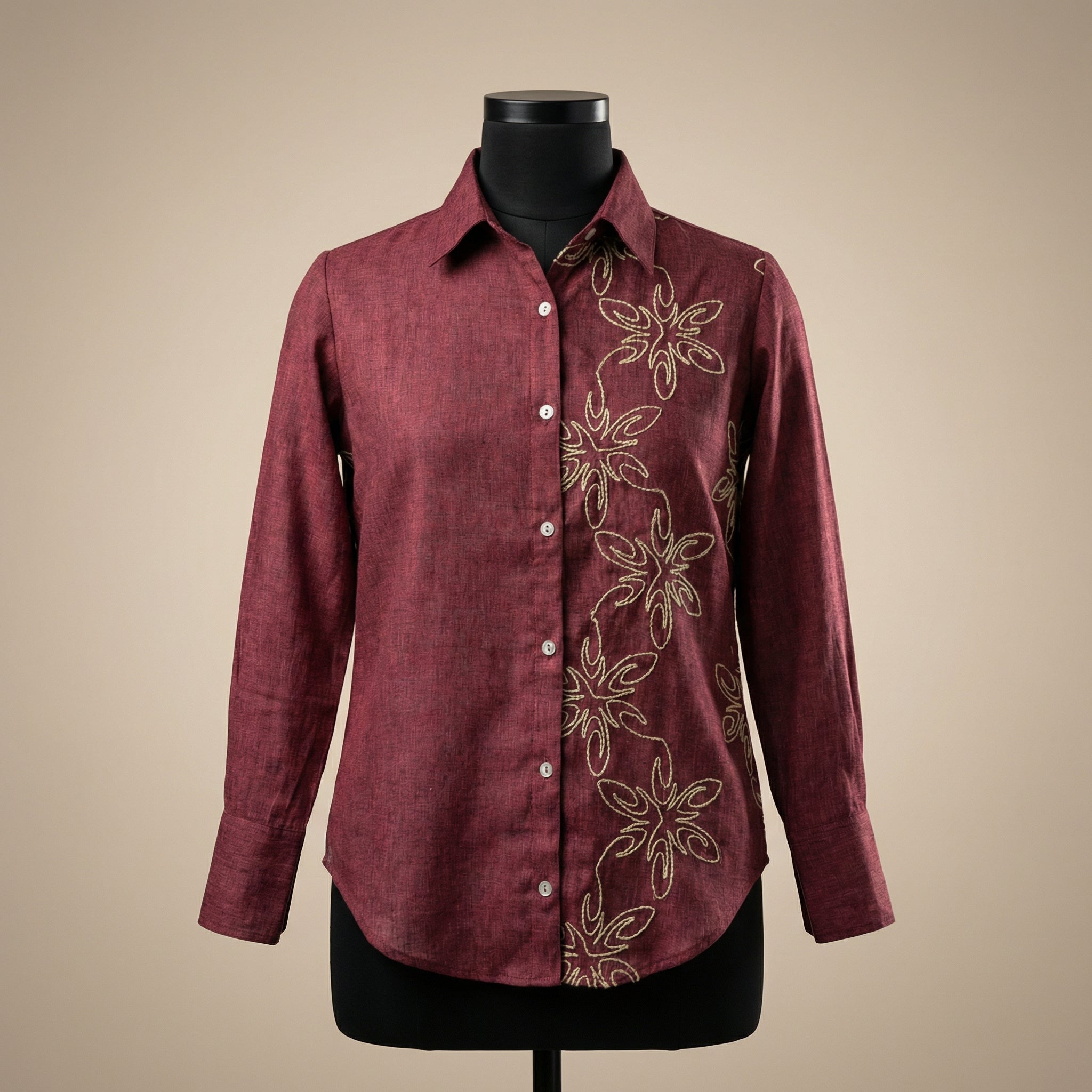 Women Linen shirt 3 - linen cotton shirt marooncolour with hand embroidery