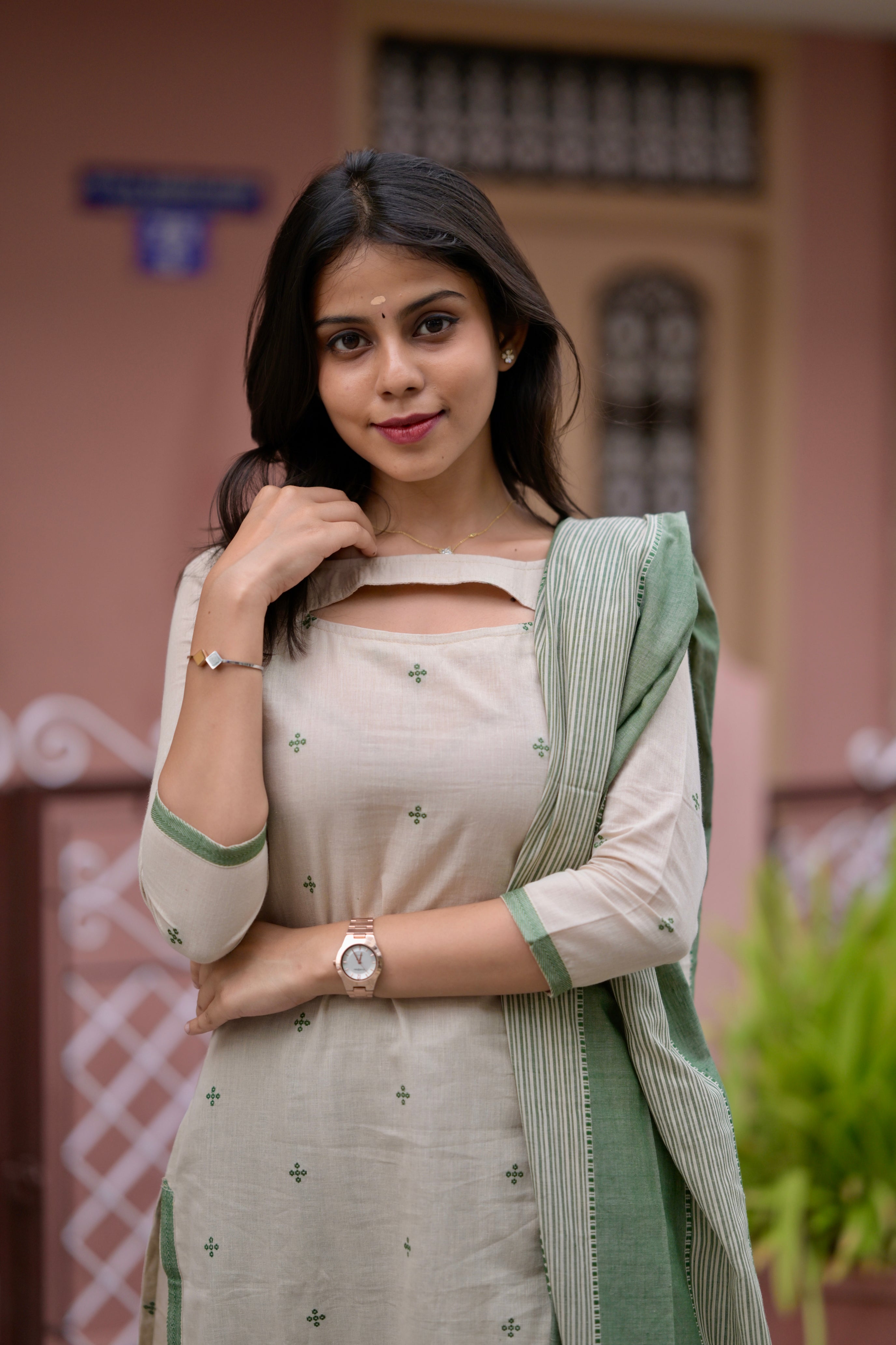 Yashasvi ( green) - handloom linen cotton suit set in cream and green