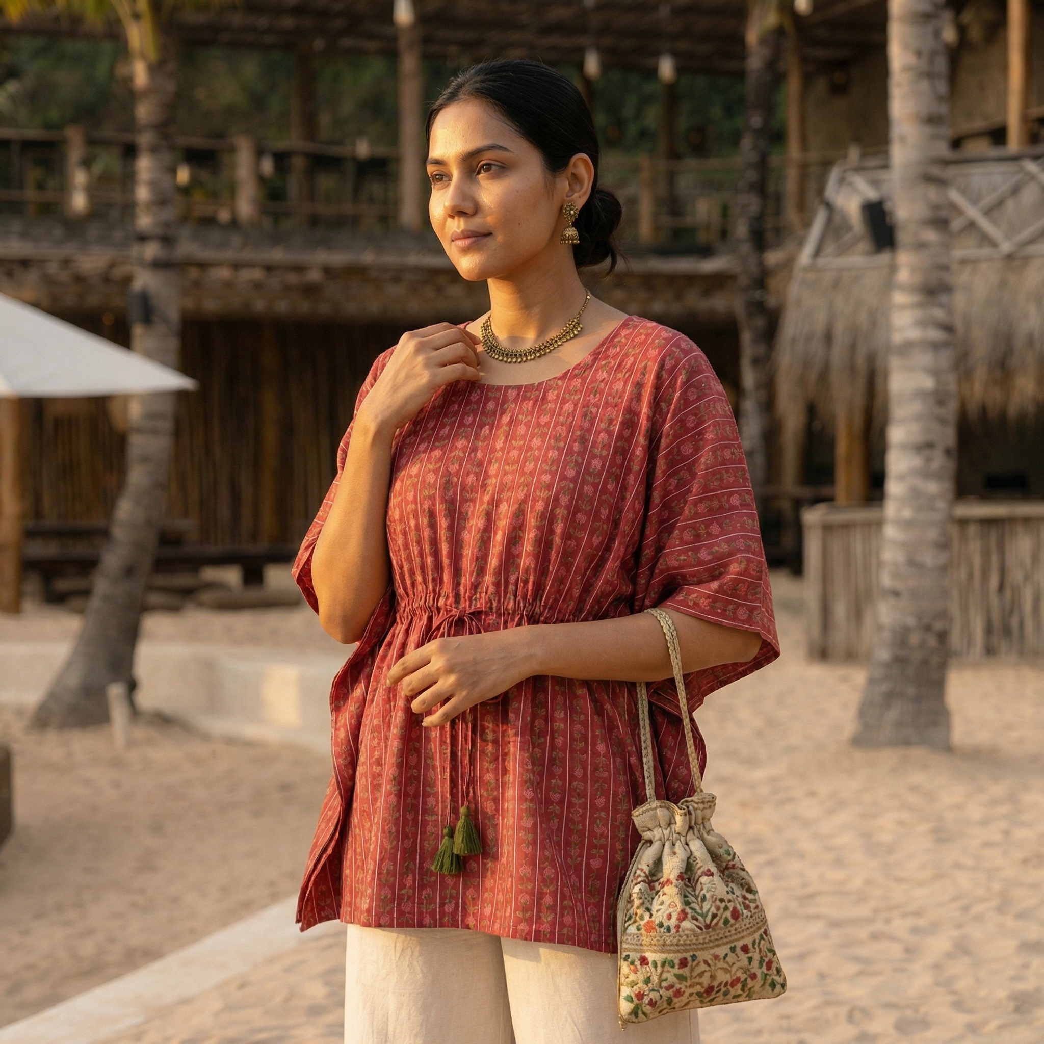 Kaftan Top #39- Floral printed organic cotton kaftan top in red