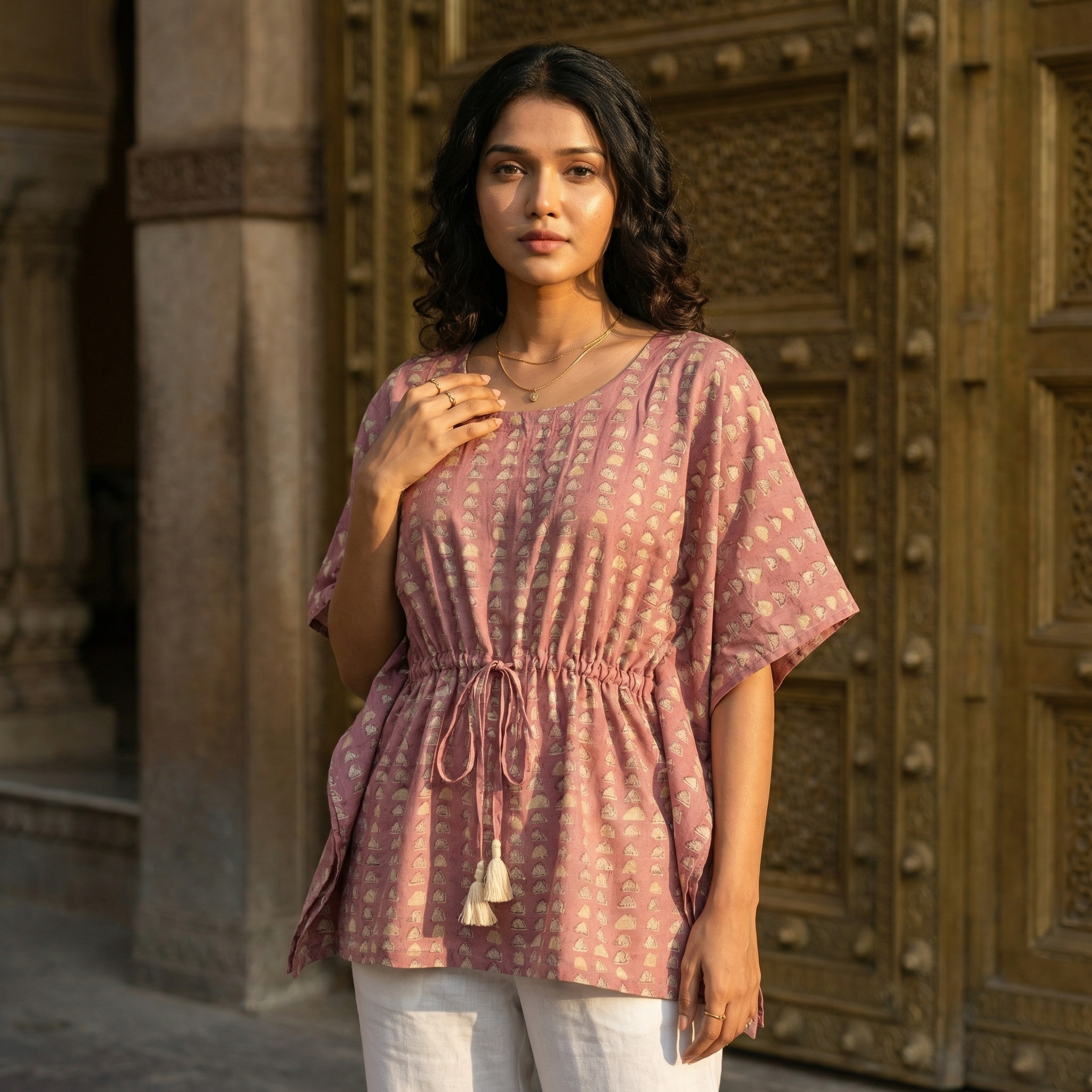 Kaftan Top #10- Leaf motif printed organic cotton kaftan top in mauve