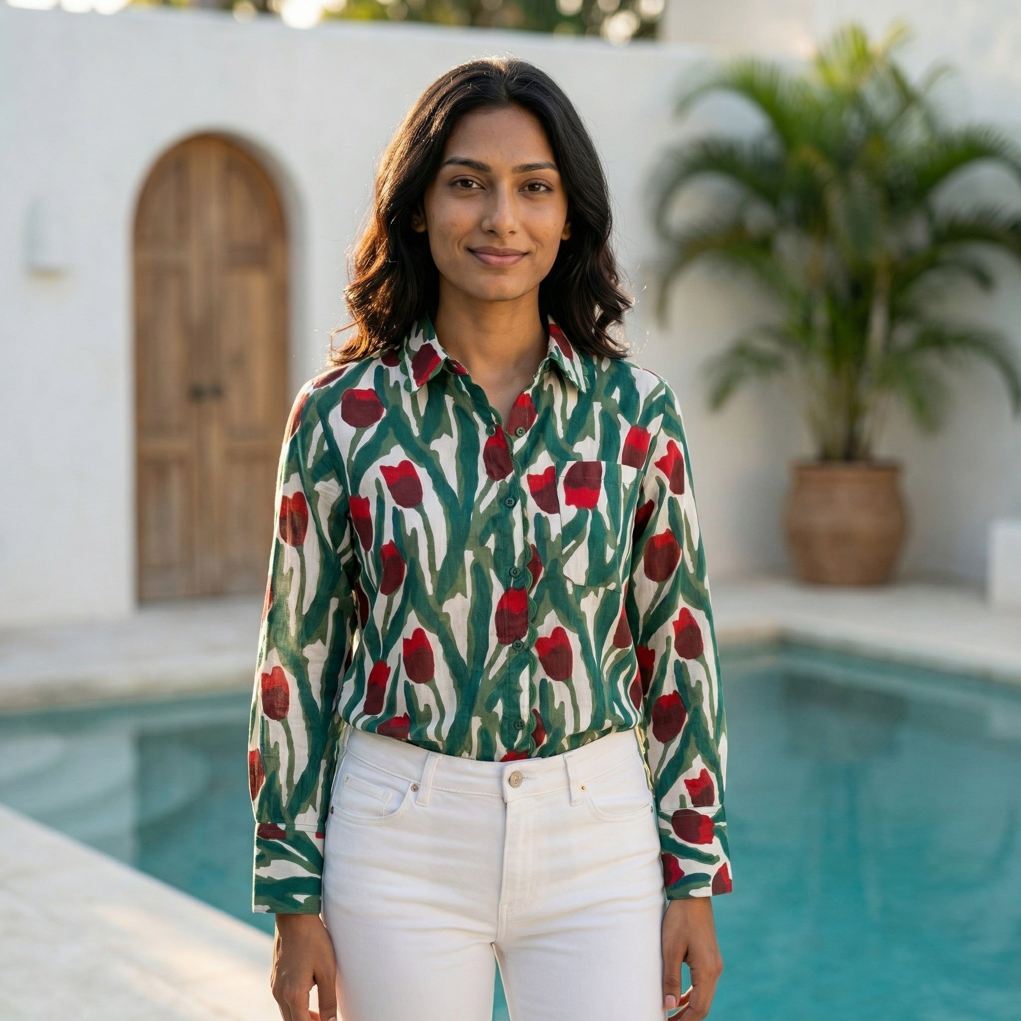 Women's shirt 39- Tulip printed organic cotton shirt in dark green