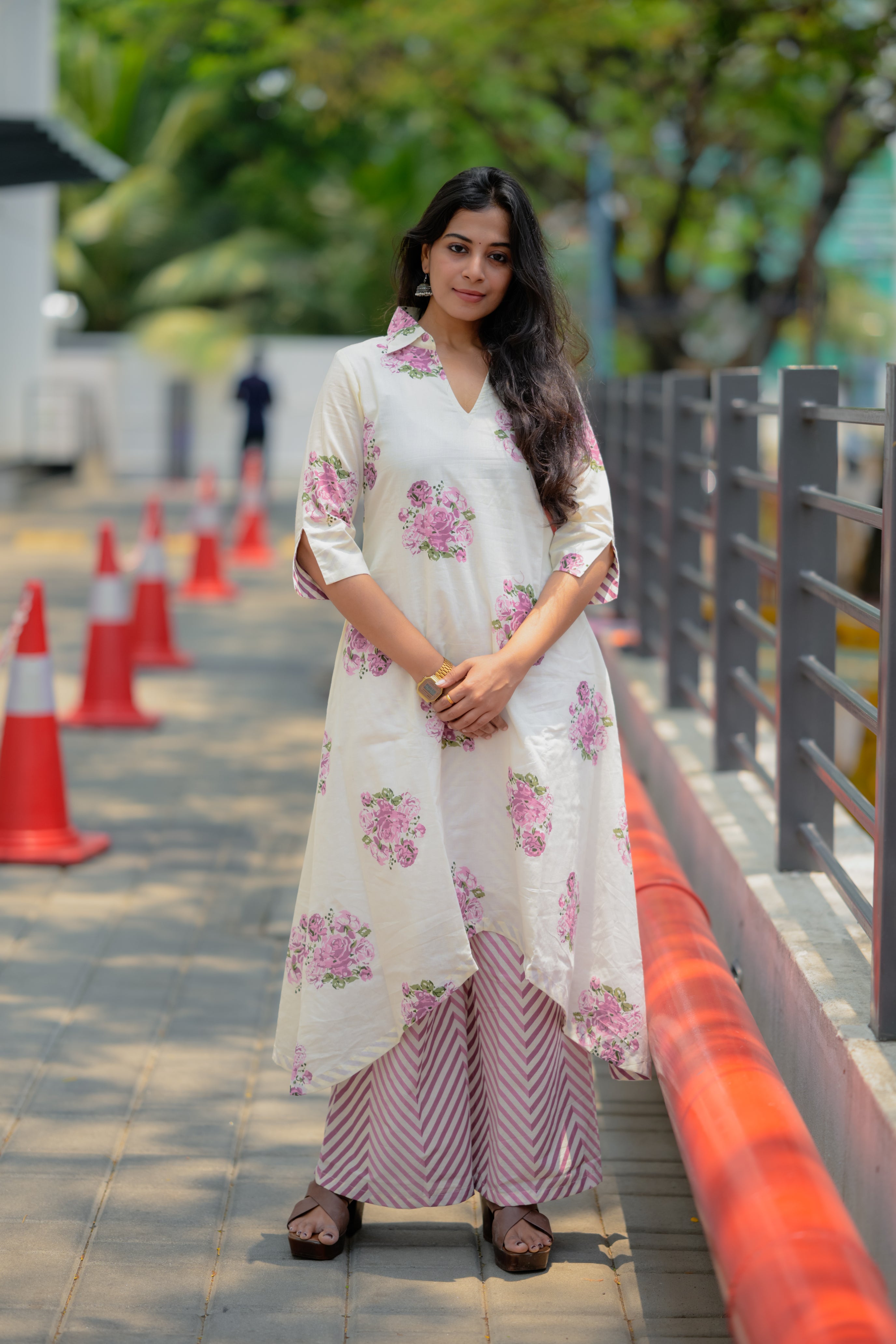 Rishmika - mughal handblock printed cotton kurta set in white & purple