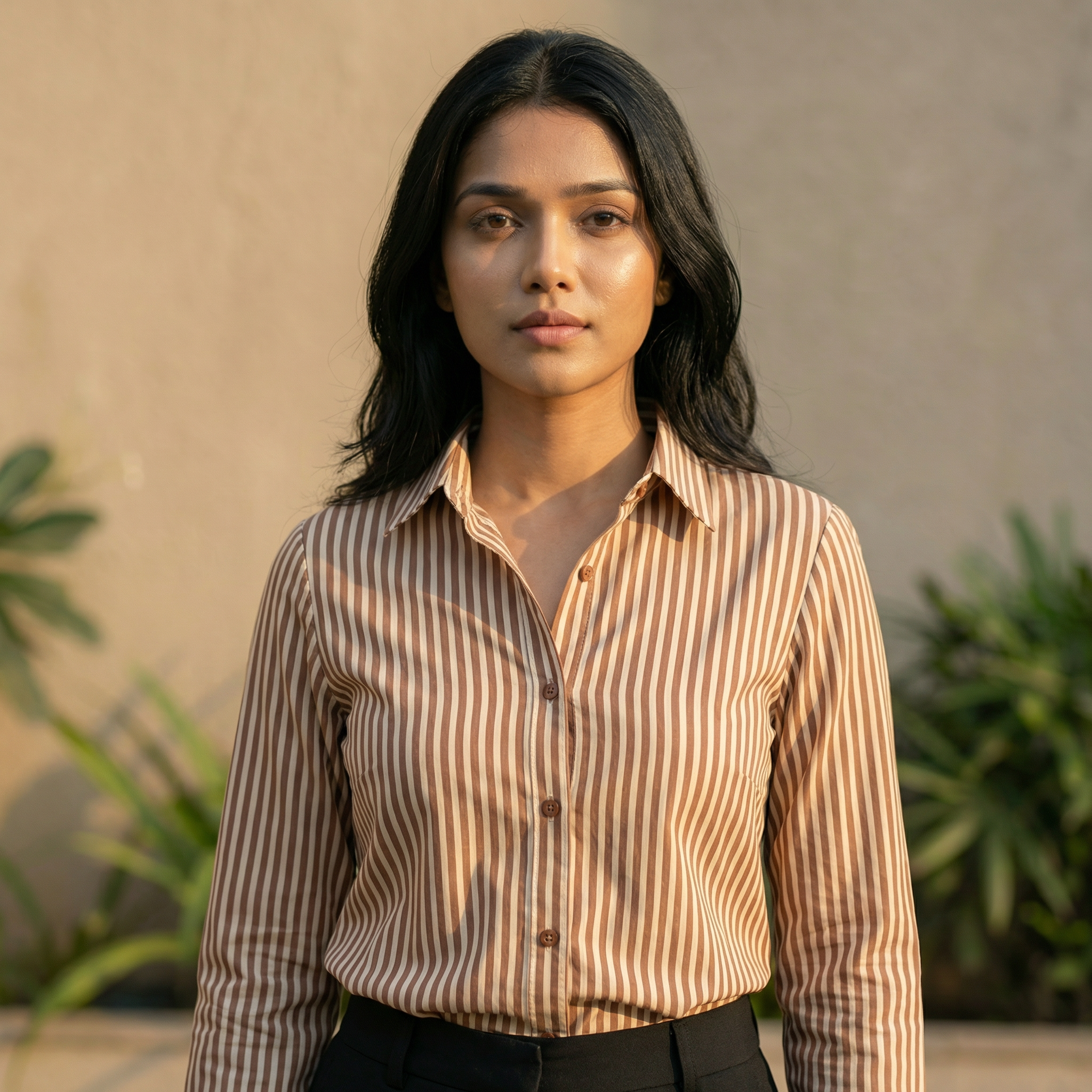 Women's shirt 31-striped organic cotton shirt with back knot in beige