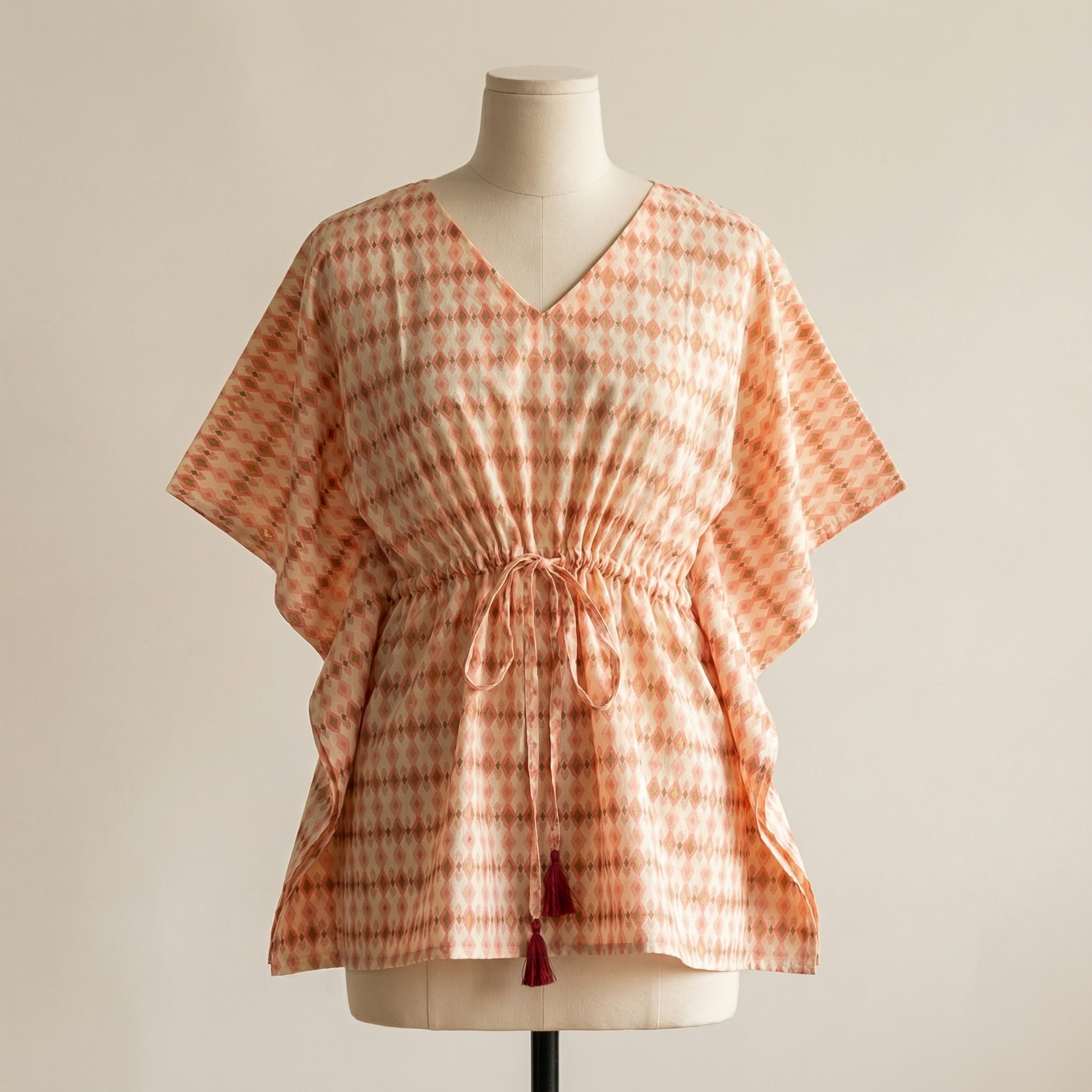 Kaftan Top #2- Diamond printed organic cotton kaftan top in peach