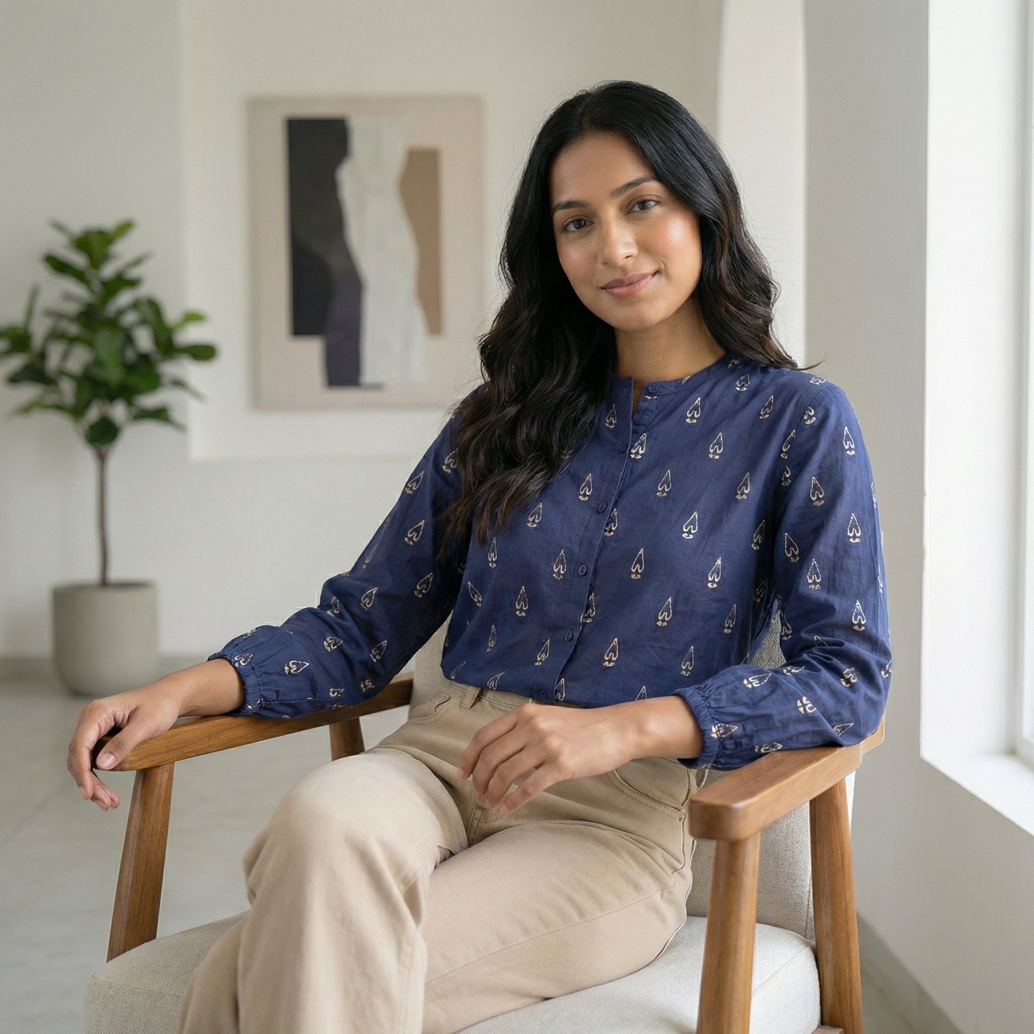 Women's shirt 26- leaf printed organic cotton shirt in blue
