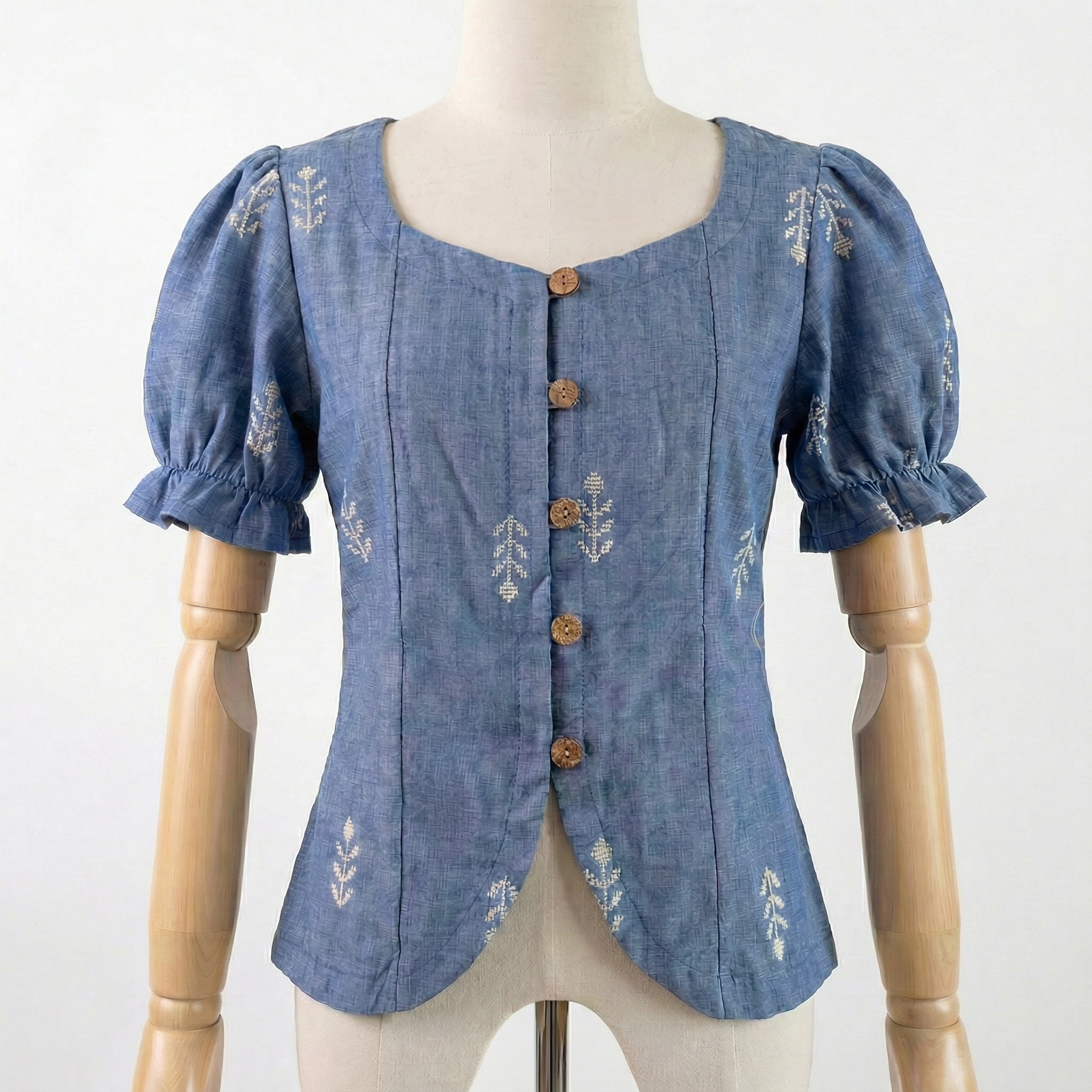 Crop top #72- handloom puff hand organic cotton top in denim blue