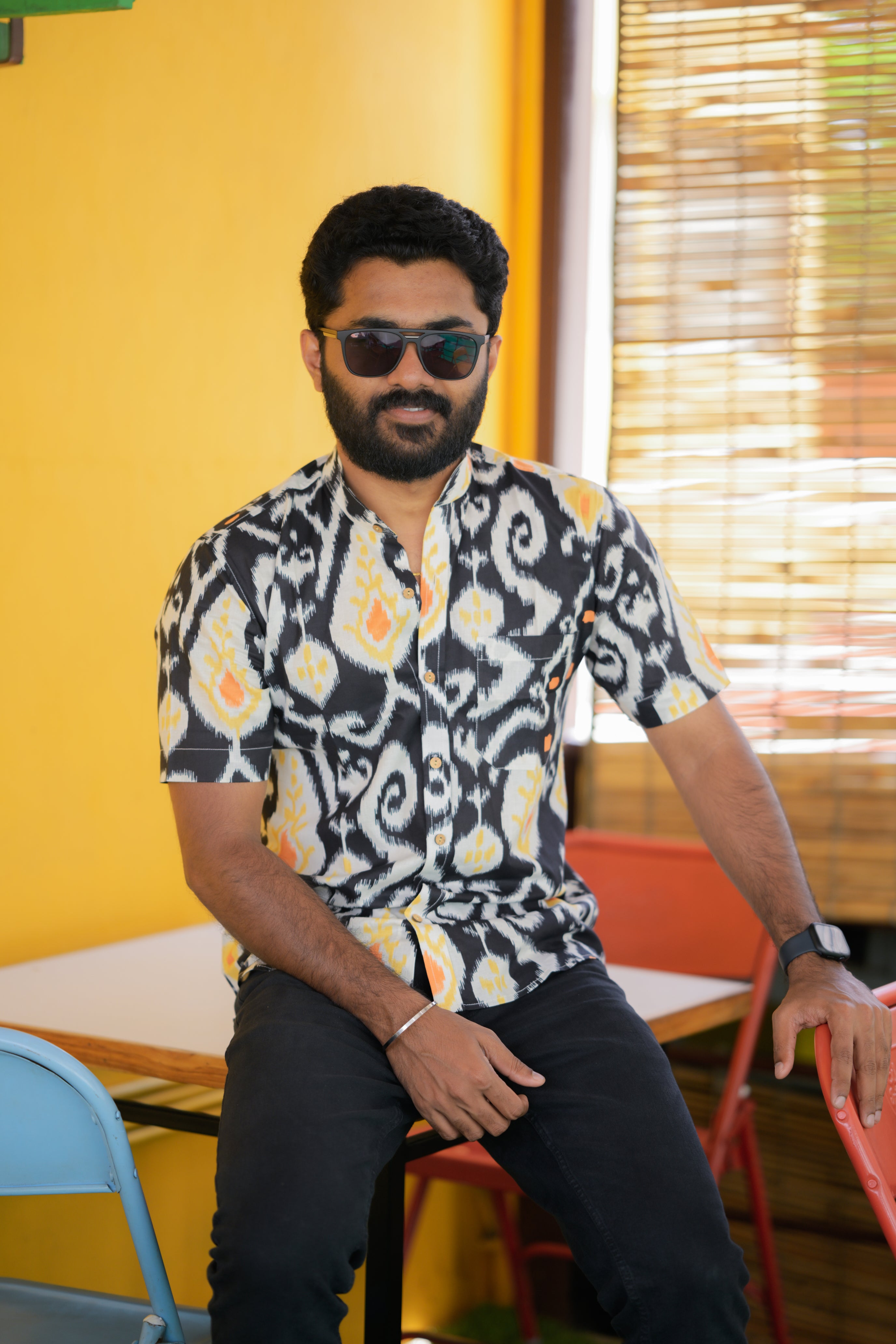 Shirt -26 - abstract handblock printed organic cotton shirt in black and yellow