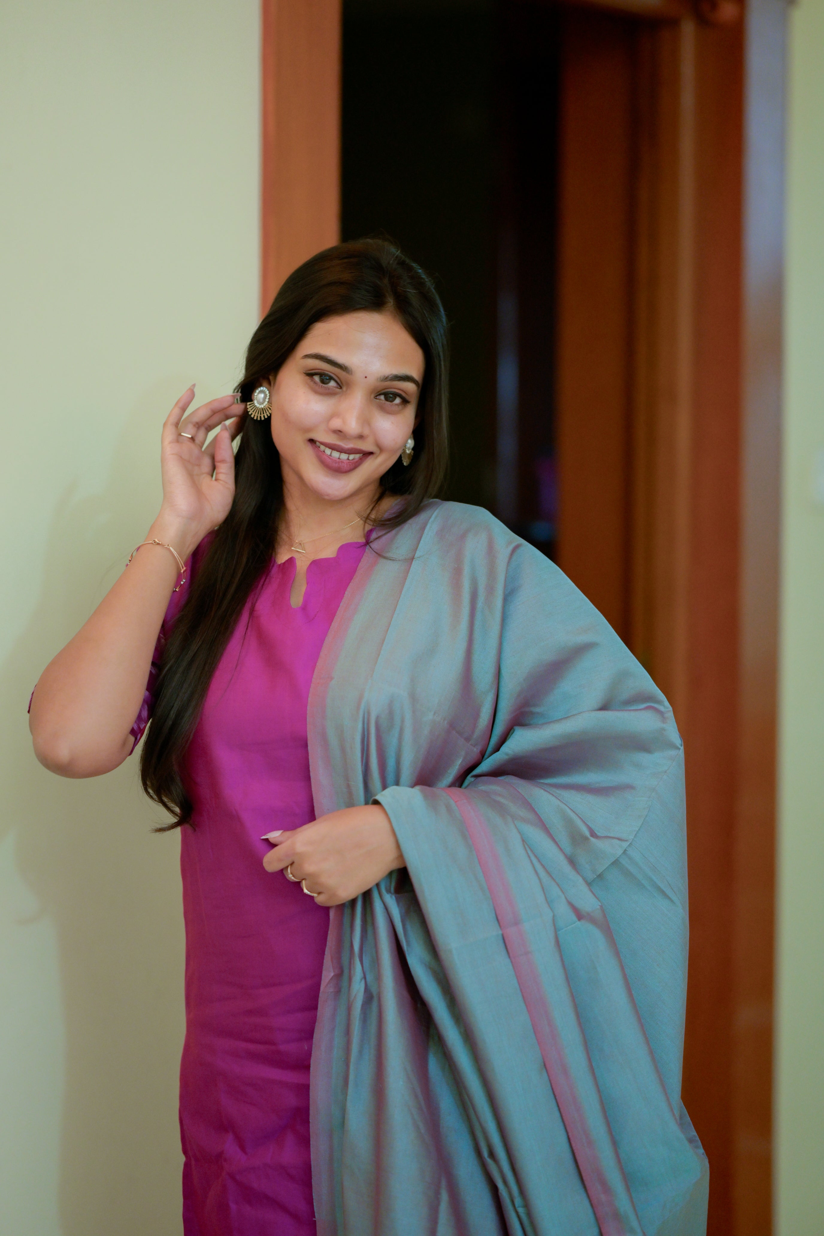 Jyotika ( magenta ) - handloom silk by cotton suit set in magenta & turquoise