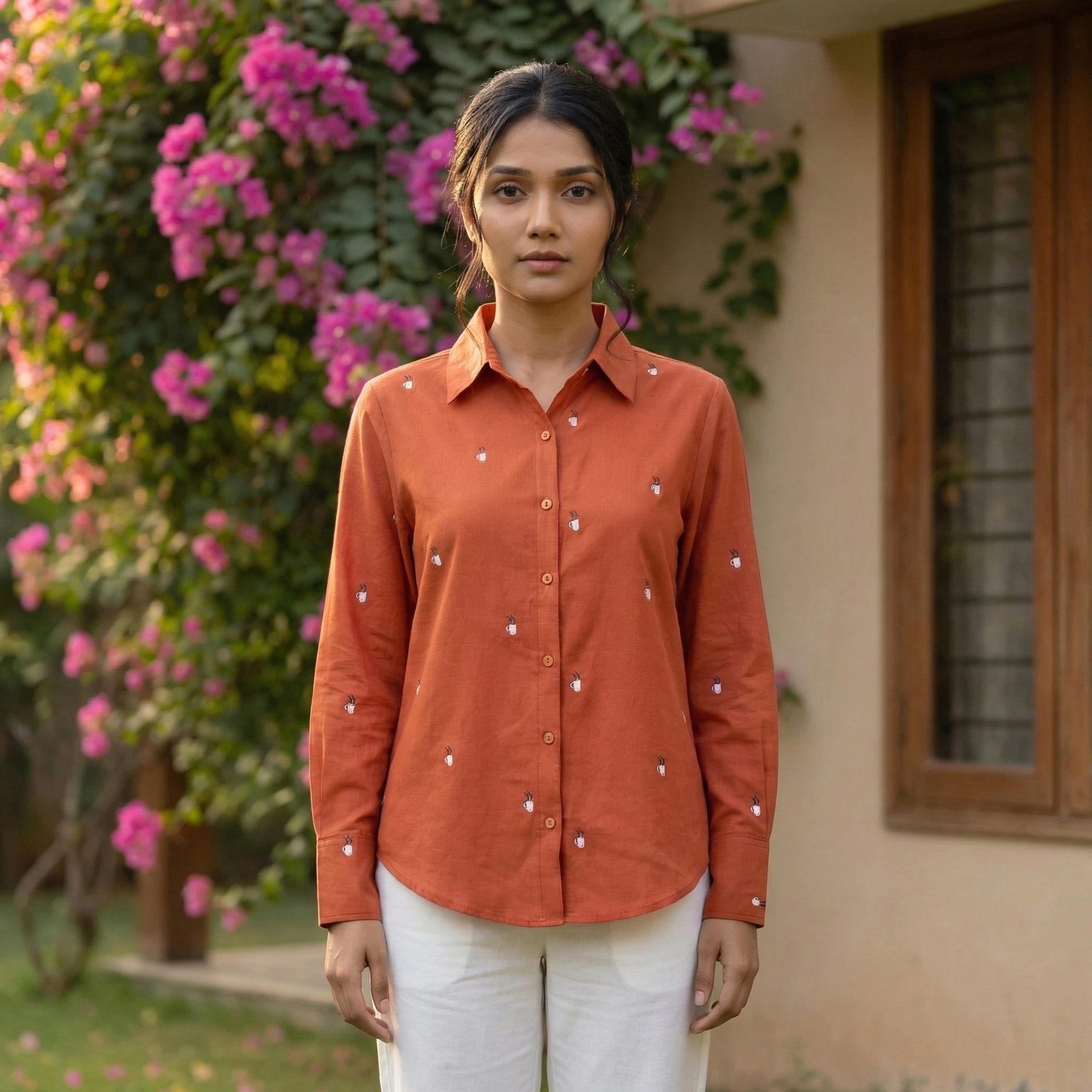 Embroidery shirt 9- coffee embroidered organic cotton shirt in orange