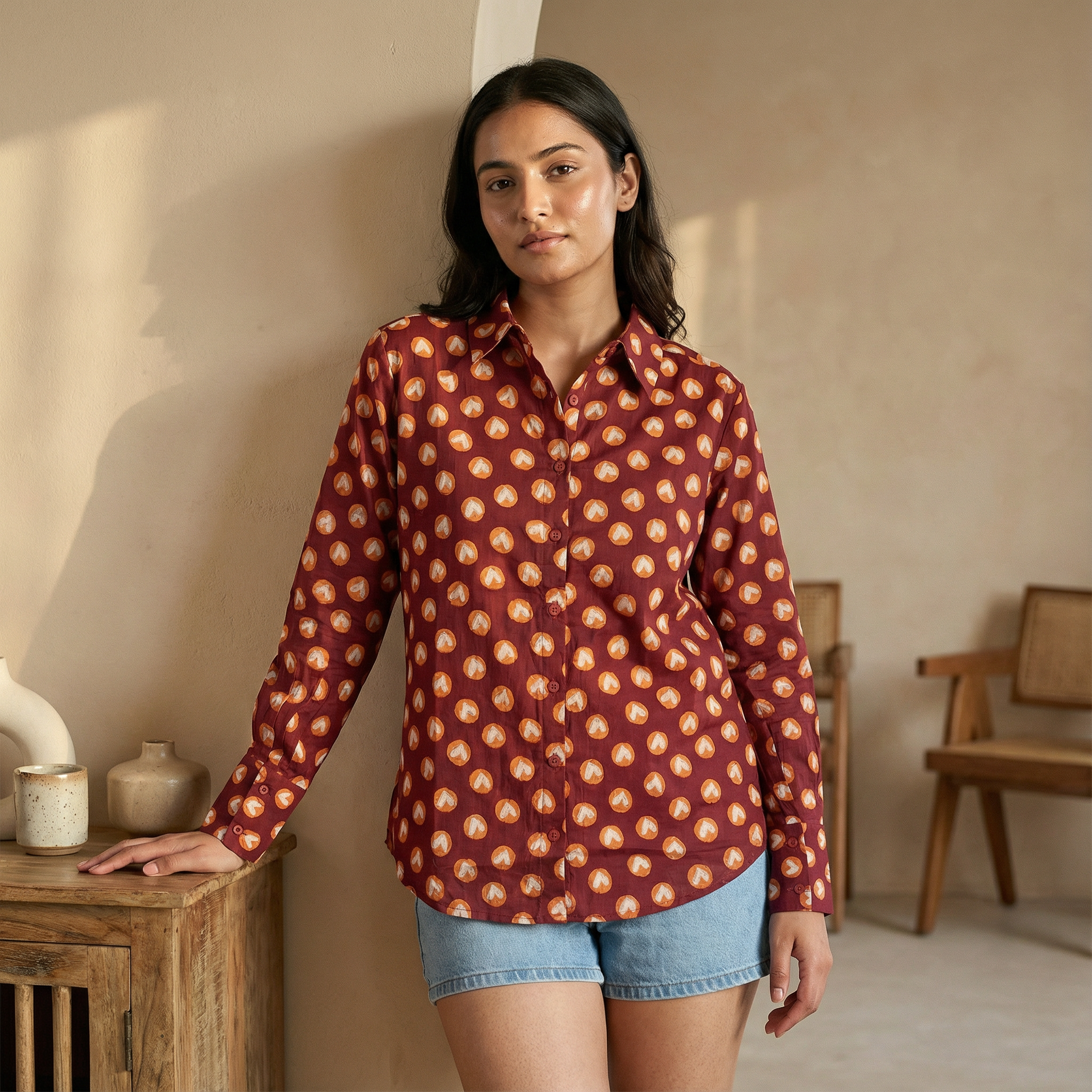 Women's shirt 19- cute heart printed organic cotton shirt in brown