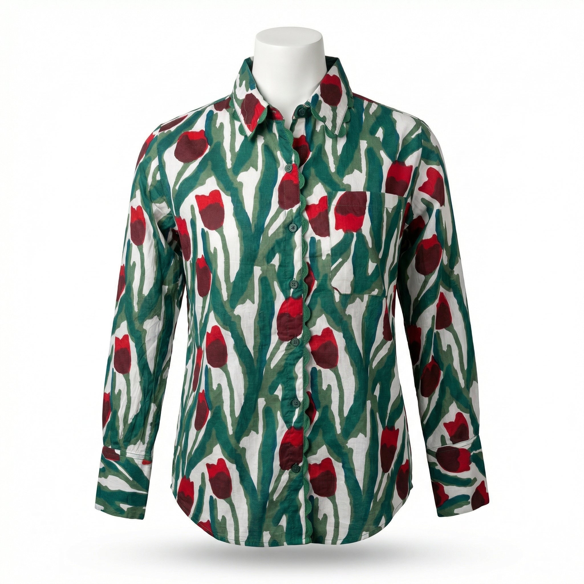 Women's shirt 39- Tulip printed organic cotton shirt in dark green