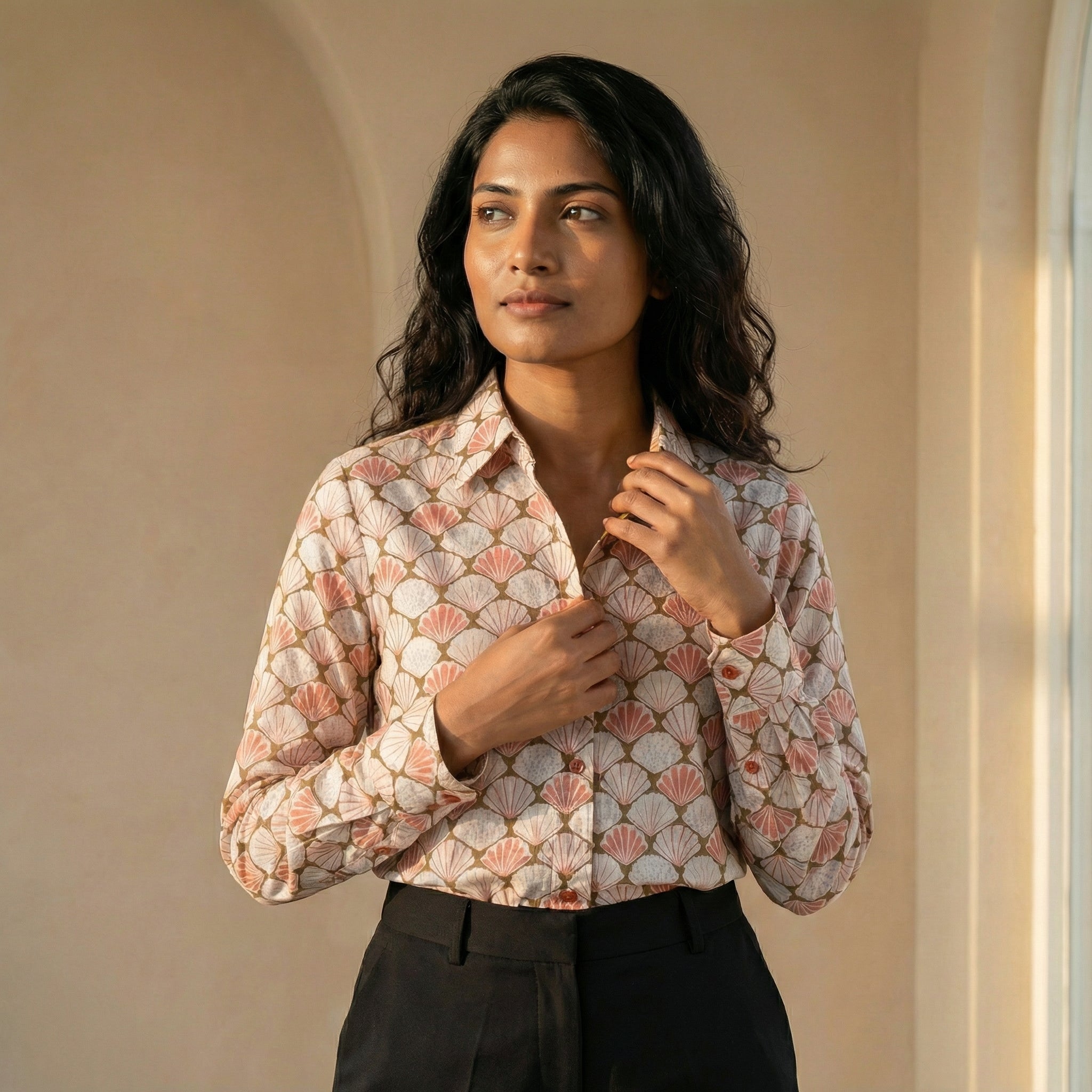 Women's shirt 23- Floral printed organic cotton shirt in off white