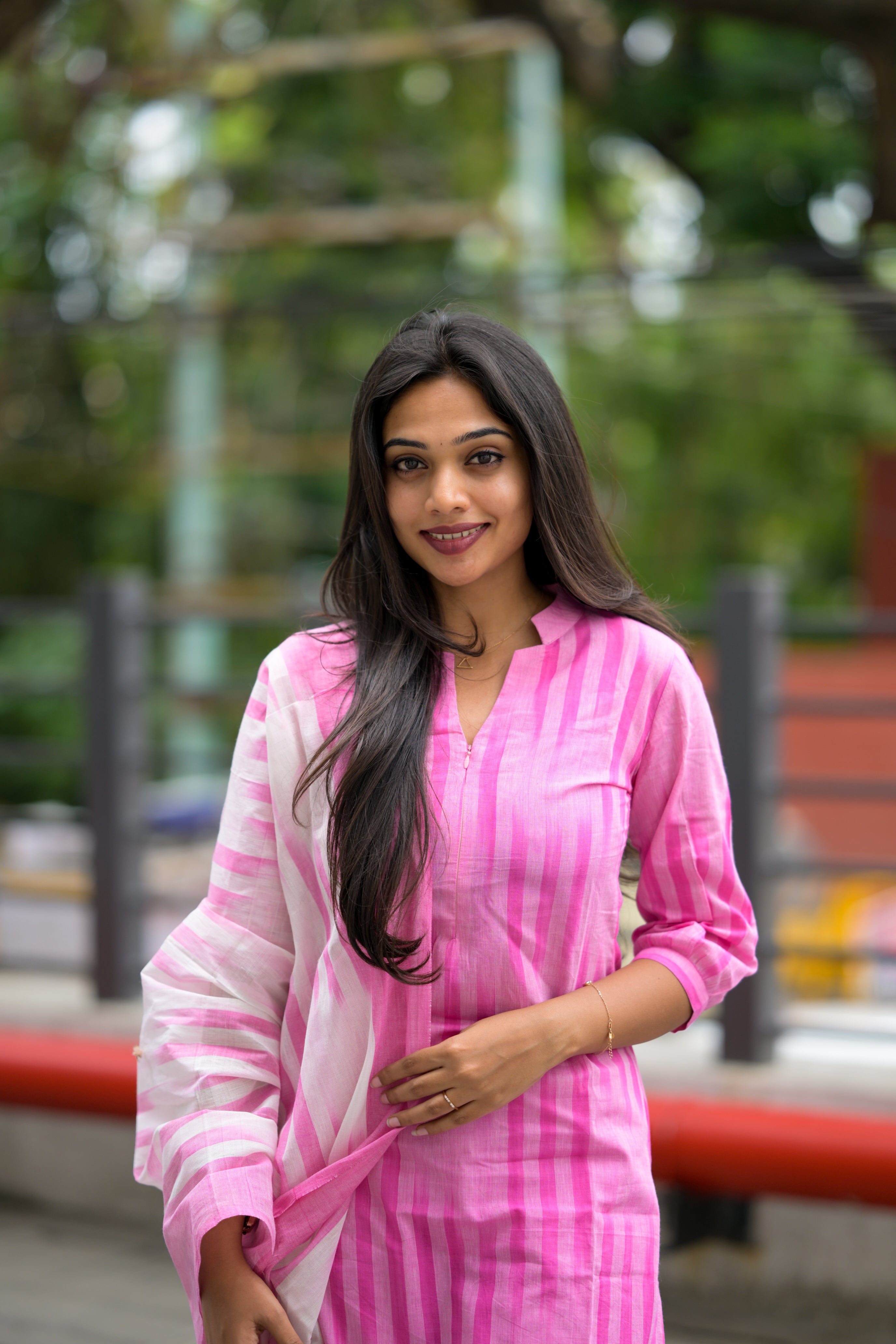 Kalki(rose milk)- ikkat handloom cotton suit set with dupatta in rose