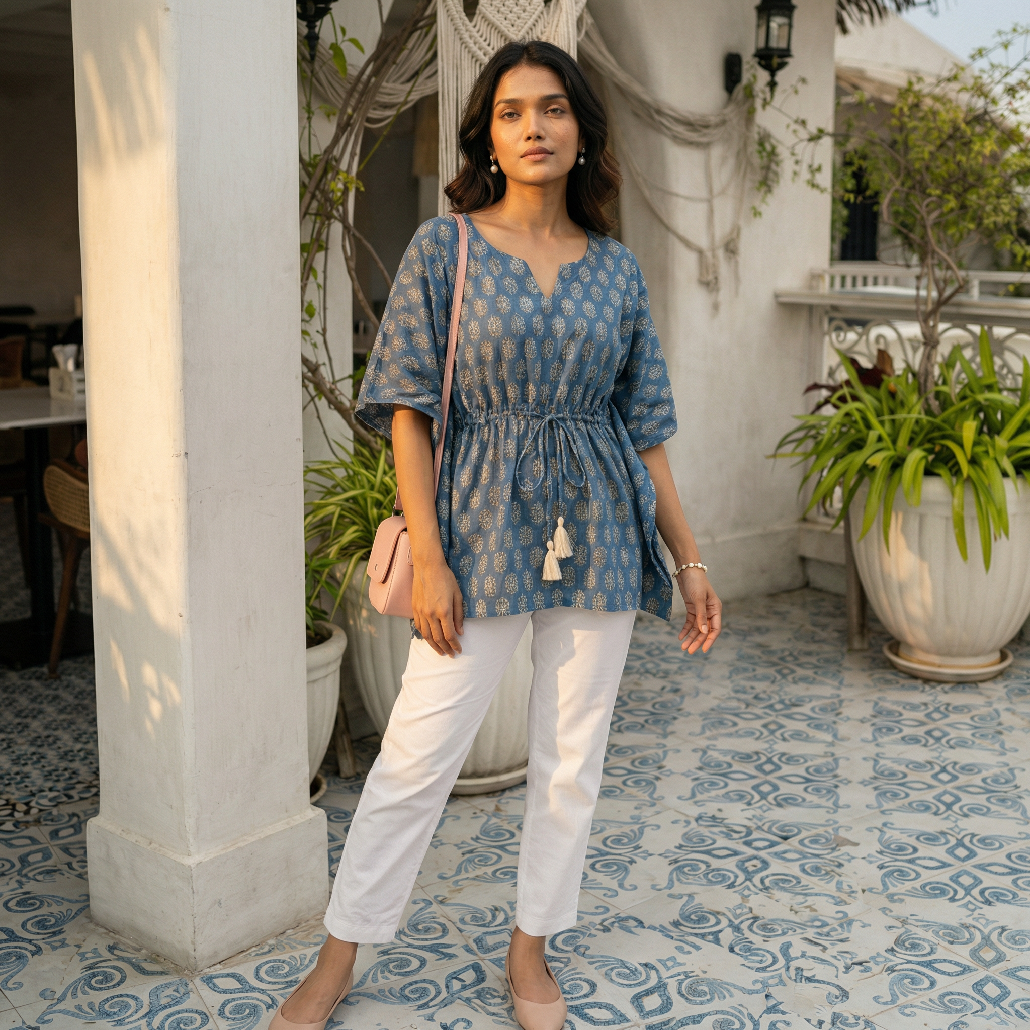 Kaftan Top #30- Leaf printed organic cotton kaftan top in dark blue