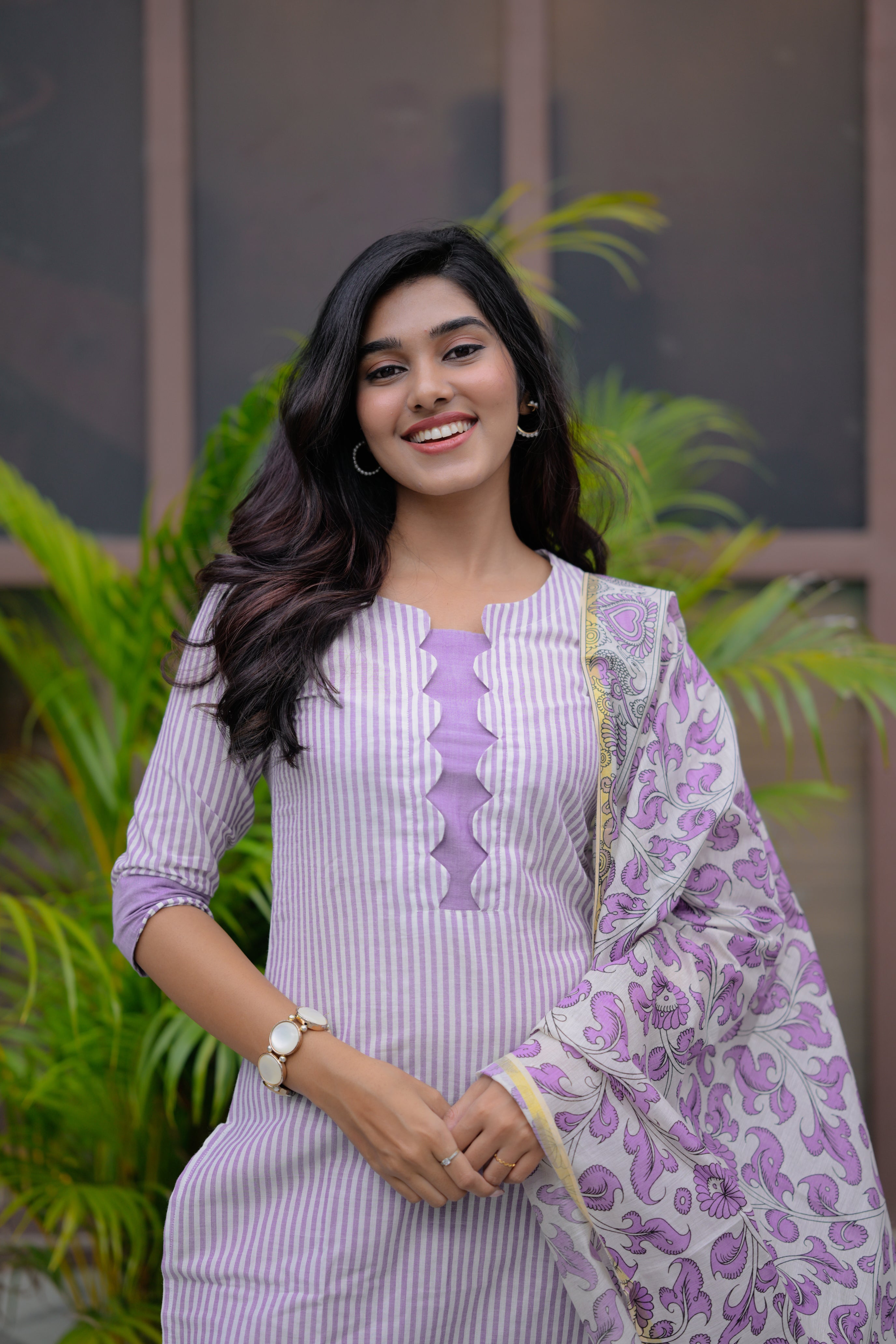 Barkavi ( purple ) - handloom cotton suit set with pen kalamkari dupatta in purple
