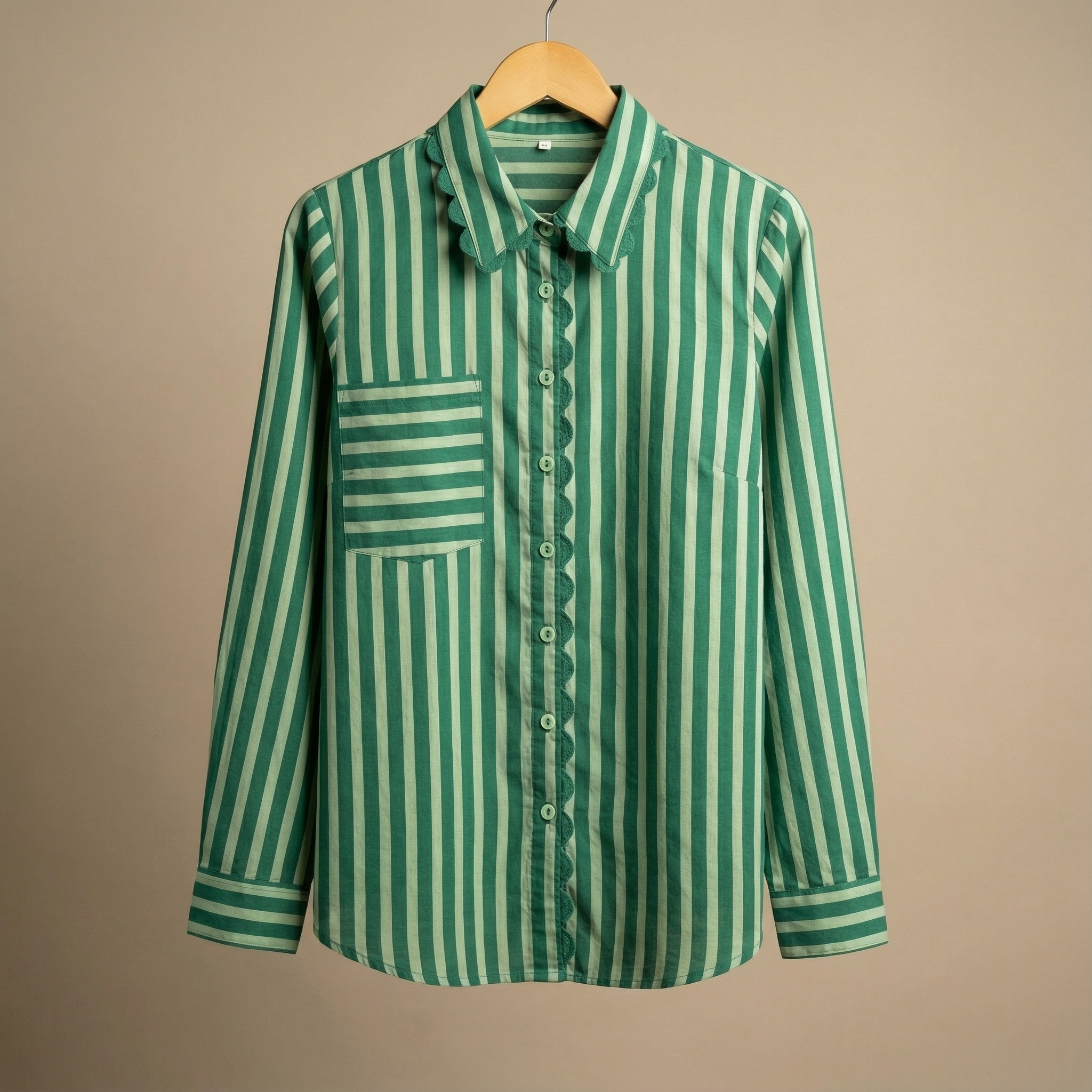 Women's shirt 5 - promenade stripes printed organic cotton shirt in emerald green with lace detailing