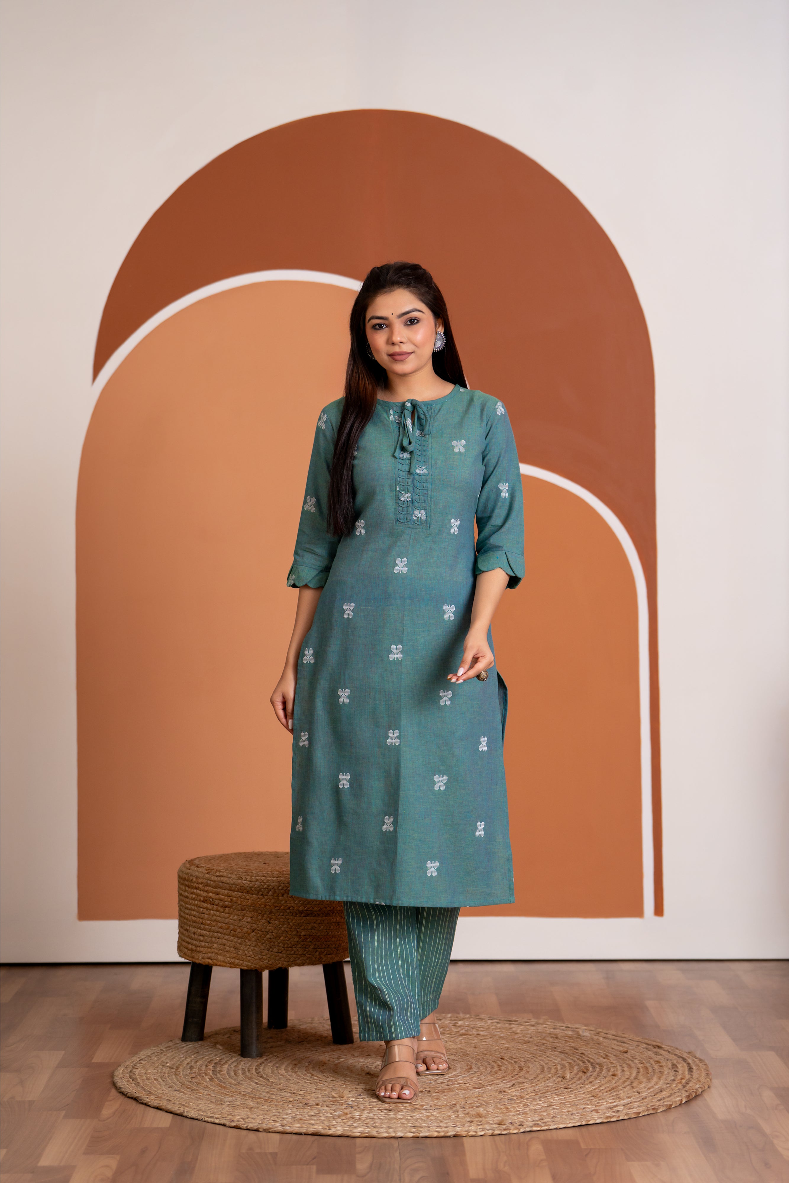 Mahikha - butterfly handwoven handloom cotton kurta set in sea blue colour