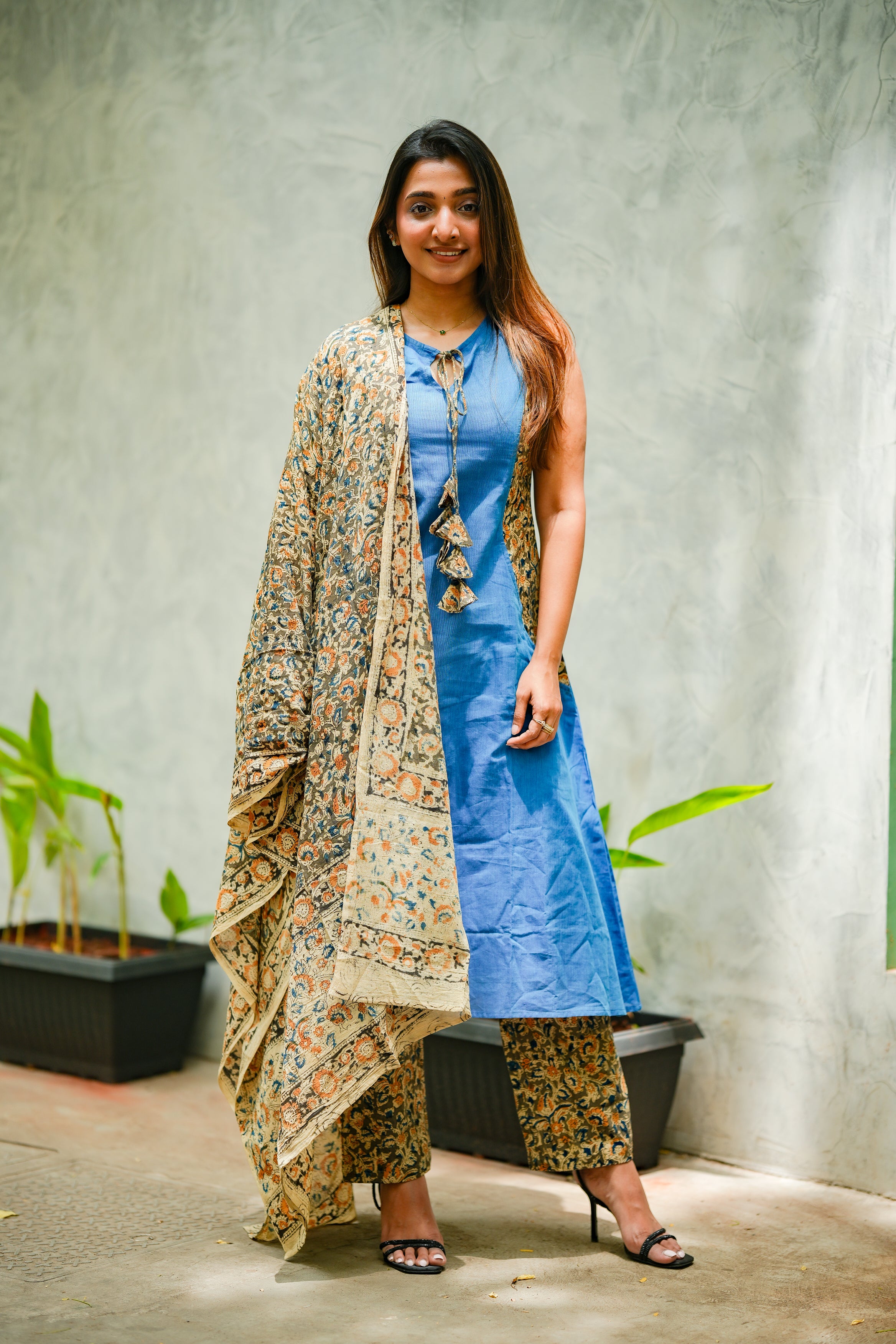 Disha ( blue ) - handloom cotton kalamkari A line suit set in blue colour