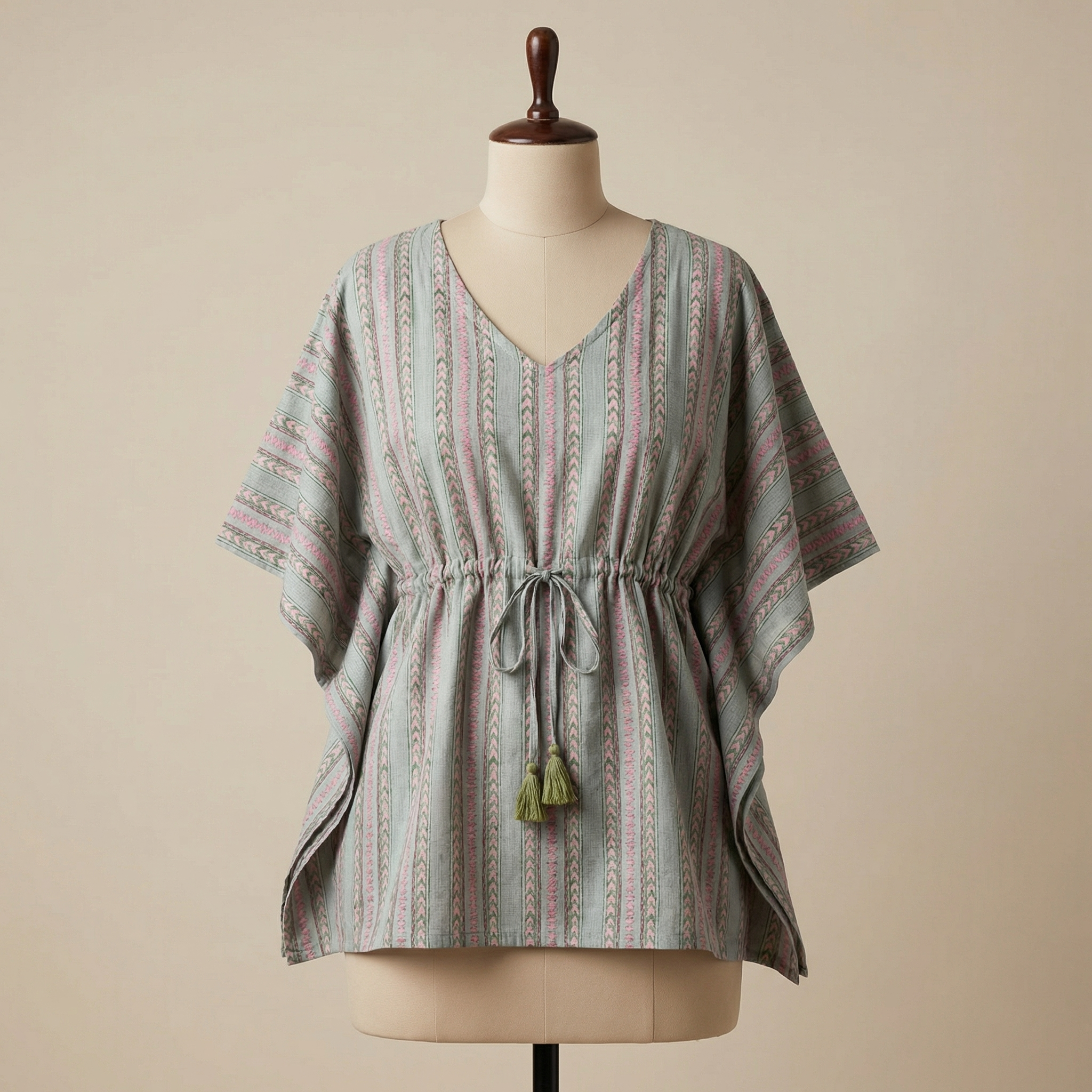 Kaftan Top #31- Geometric printed organic cotton kaftan top in sage green