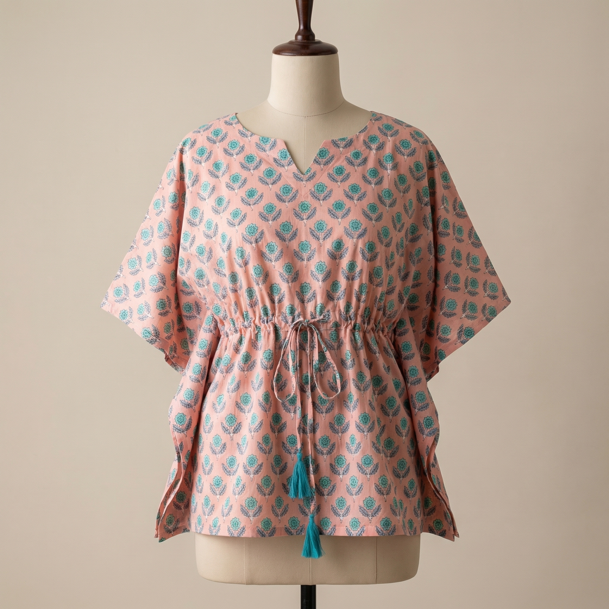 Kaftan Top #37- Floral printed organic cotton kaftan top in light pink
