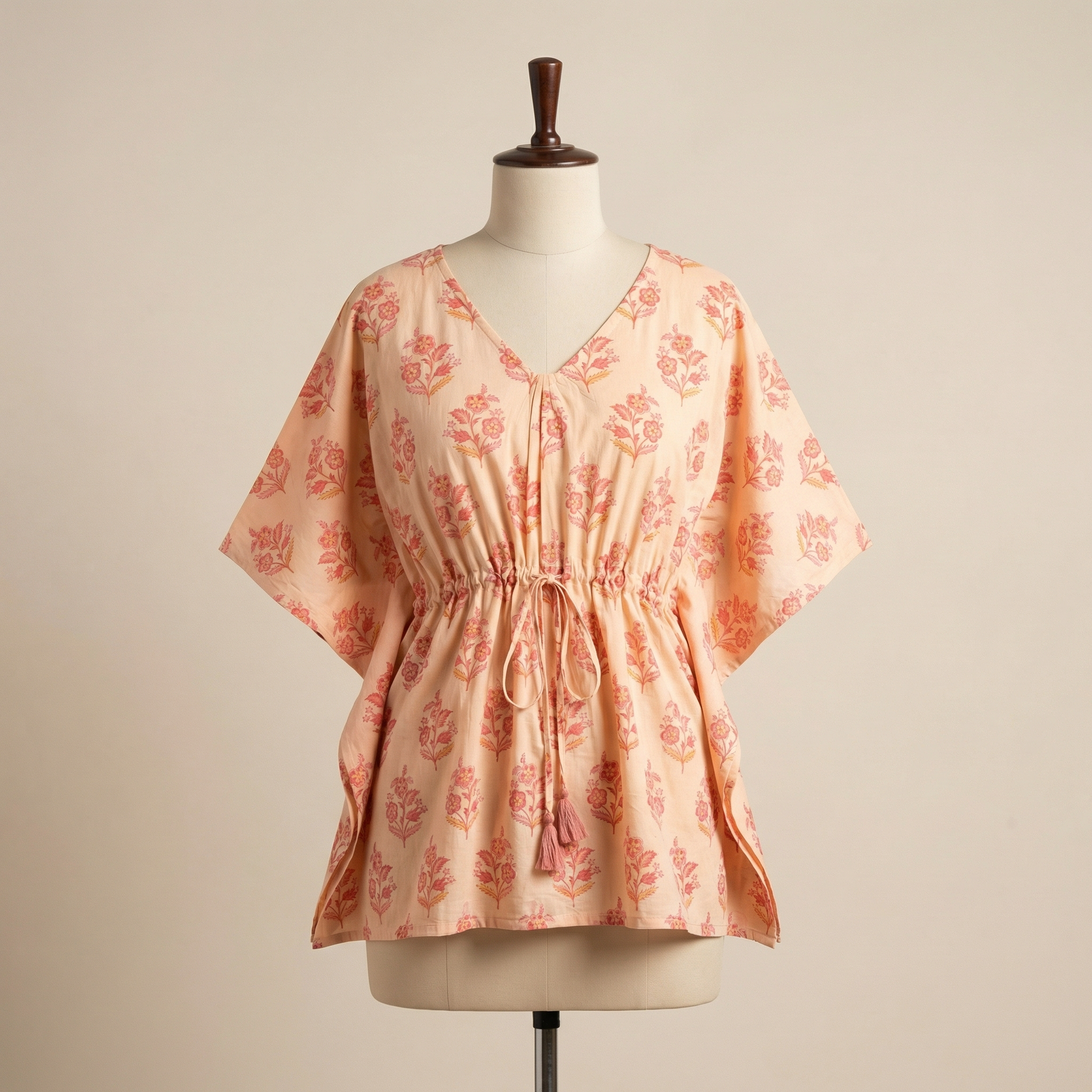 Kaftan Top #22- Floral printed organic cotton kaftan top in peach