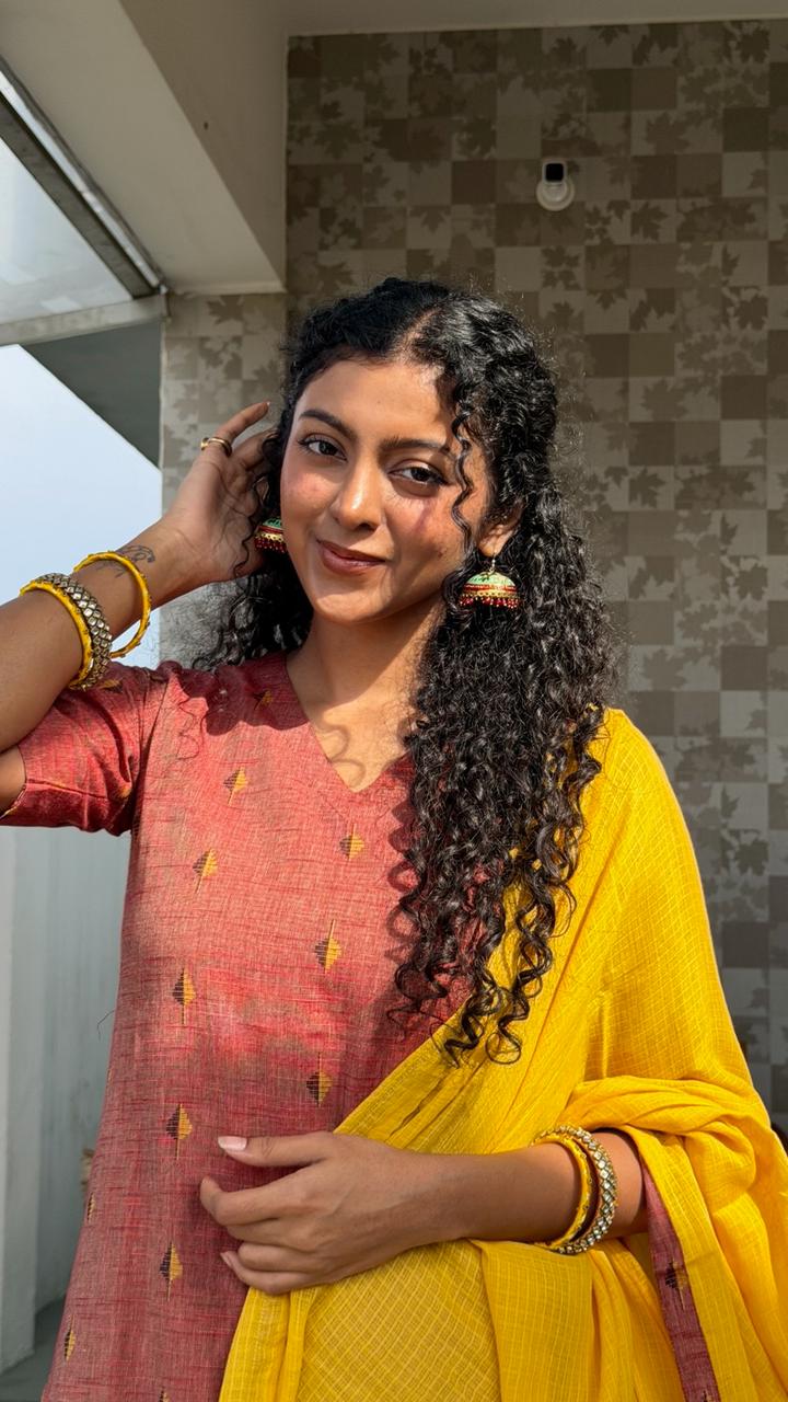 Tapasya - handloom cotton suit set in honey & mustard colour