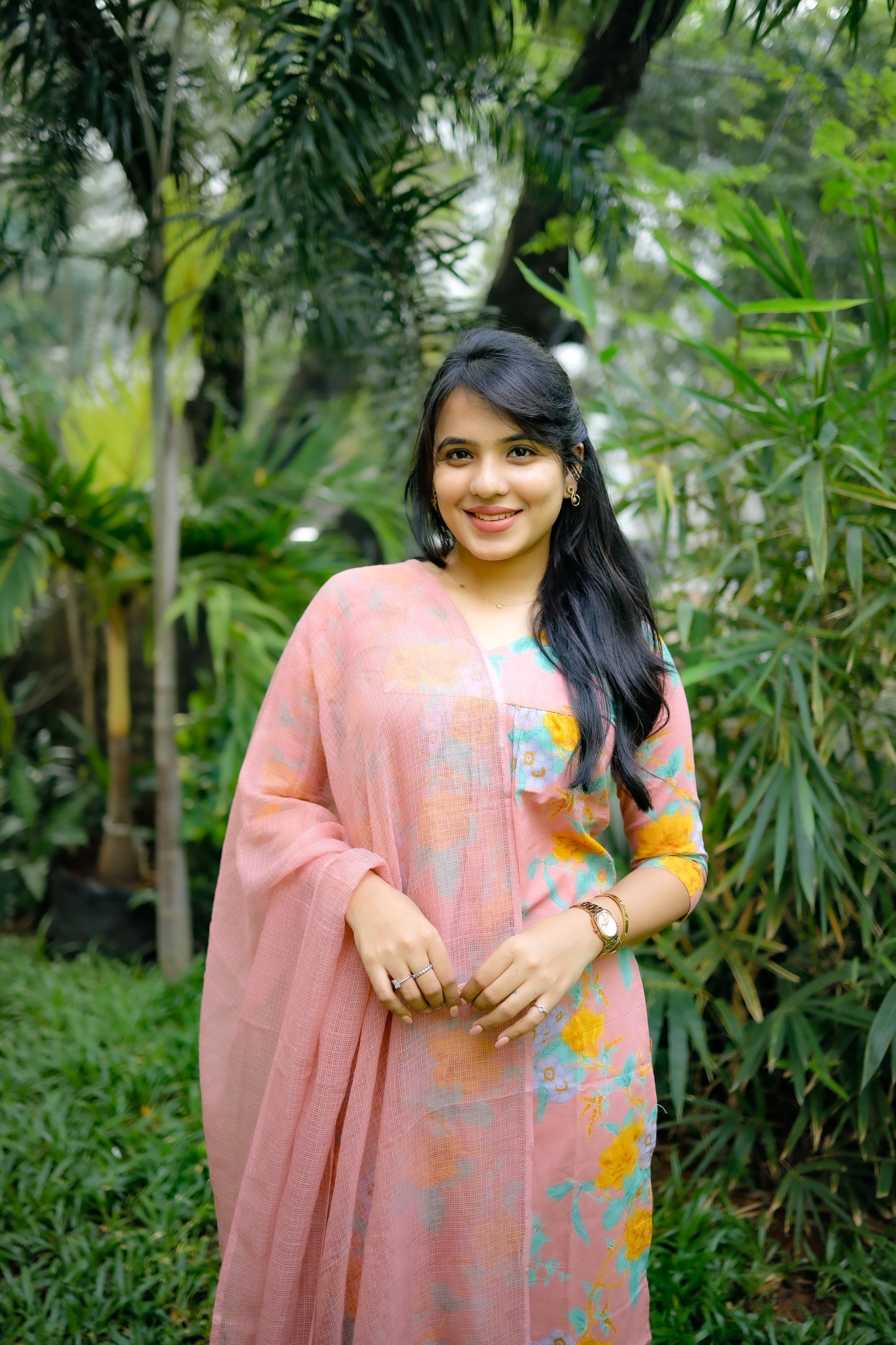 Prijitha - floral hand block printed cotton suit set with kota doria dupatta in pink colour