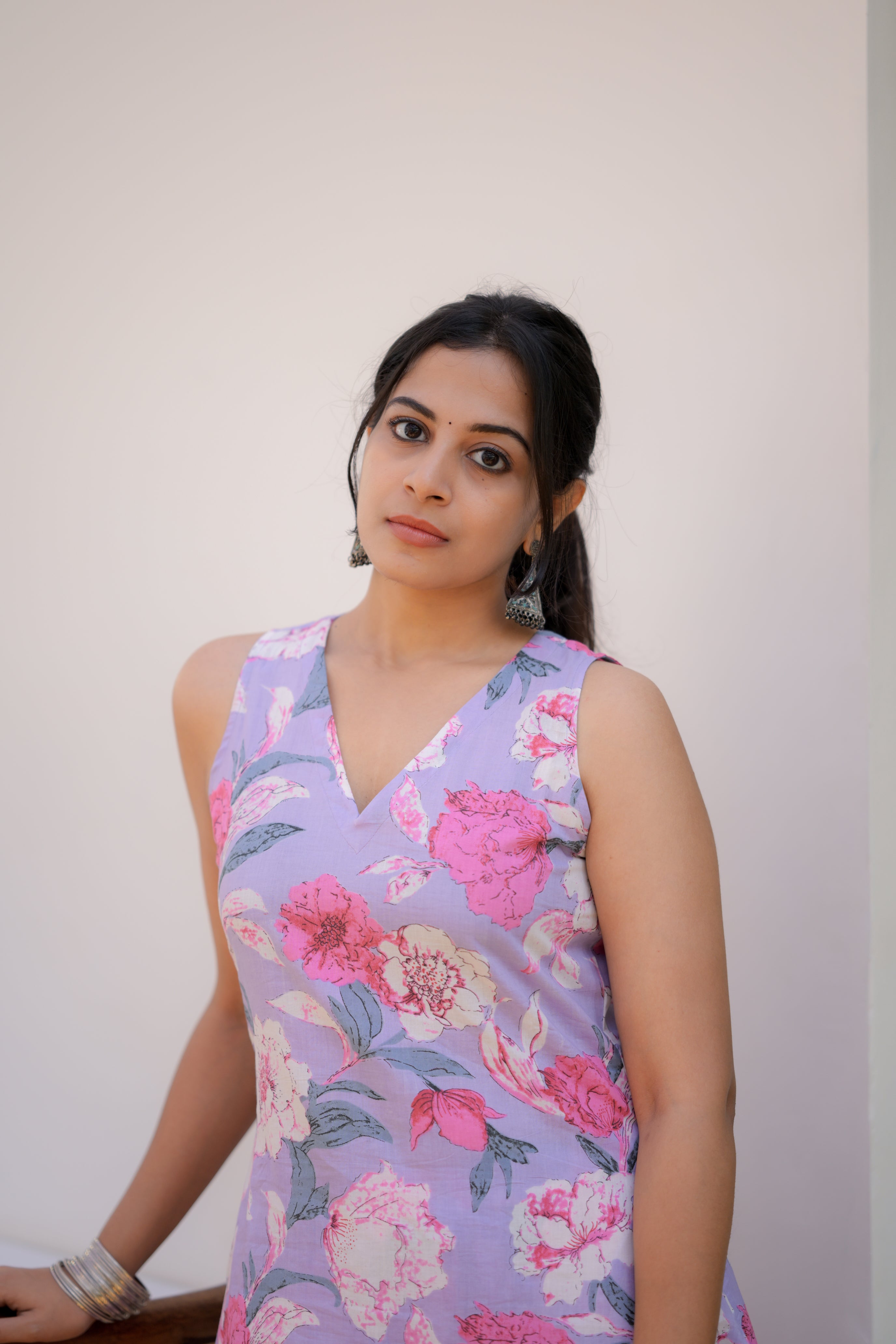 Taara (purple) - multi colour floral organic  A line cotton kurta set