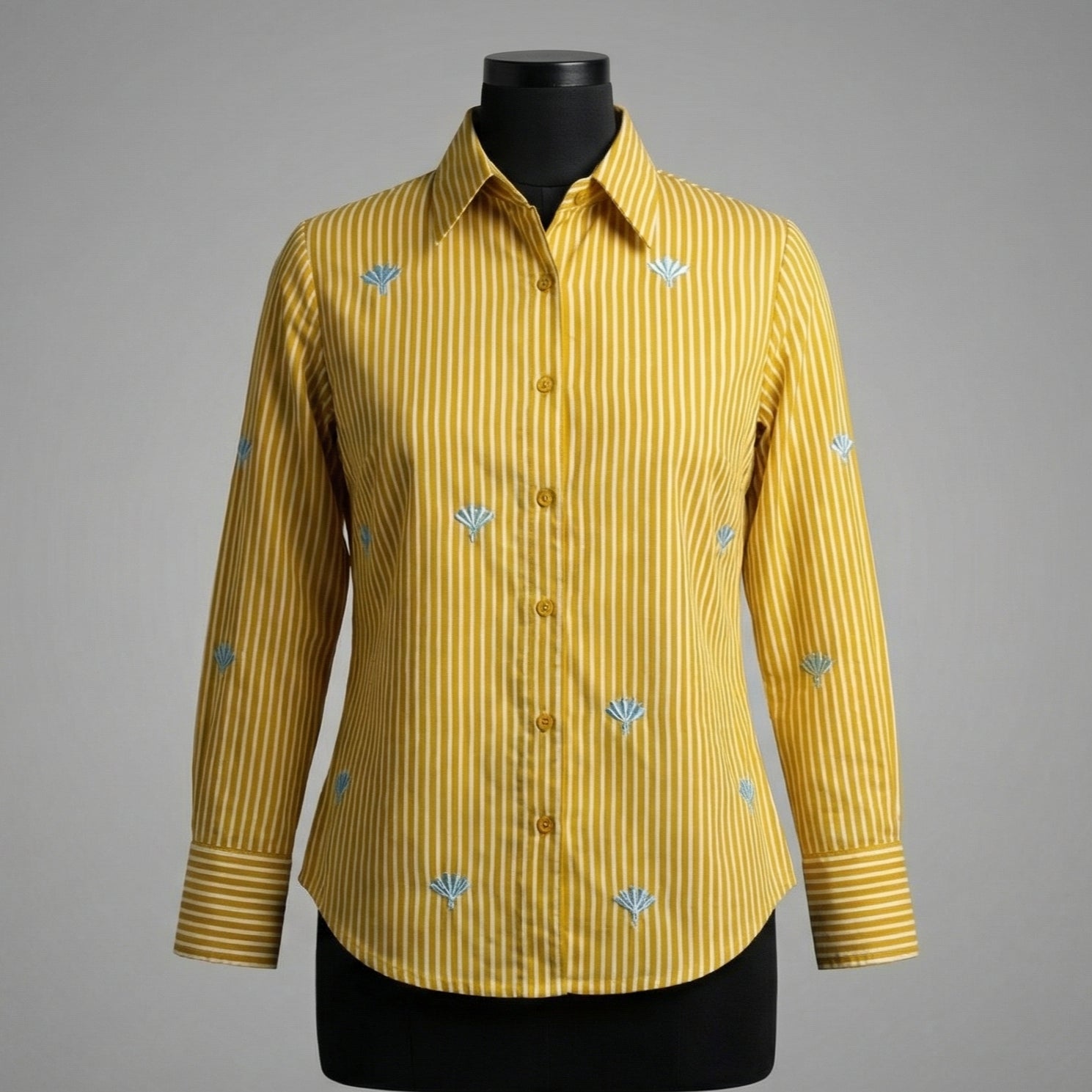 Embroidery shirt 1- Hand embroidered organic cotton shirt in yellow and white