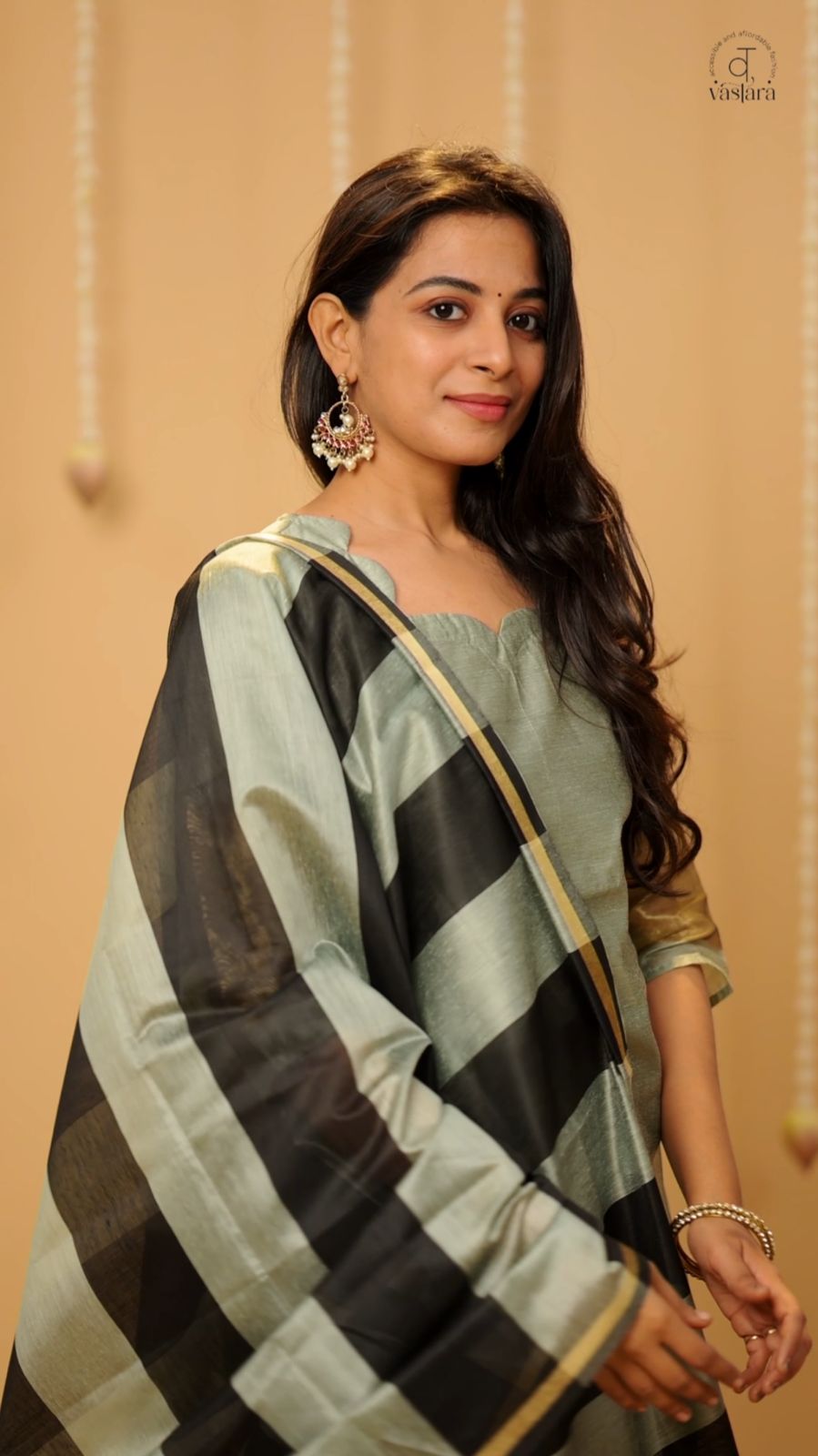 Suhasini (mint green and black) - semi banarasi silk suit set with striped dupatta in mint green and black