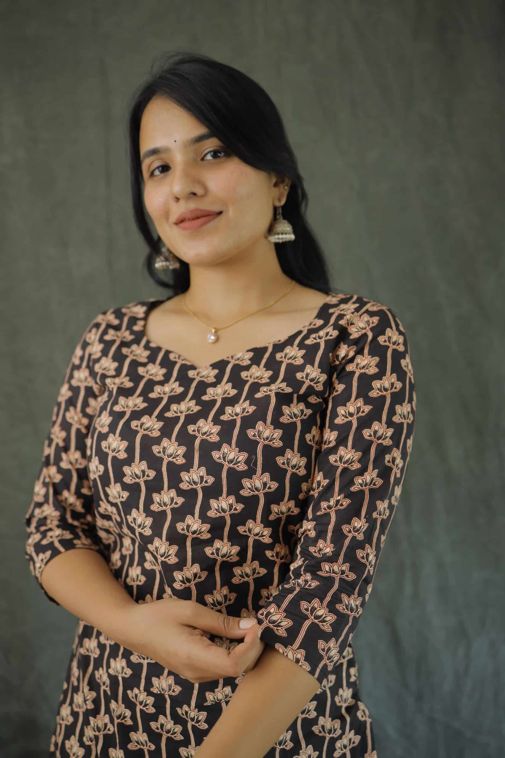 Kurti 76 - Lotus hand block printed kurti in black