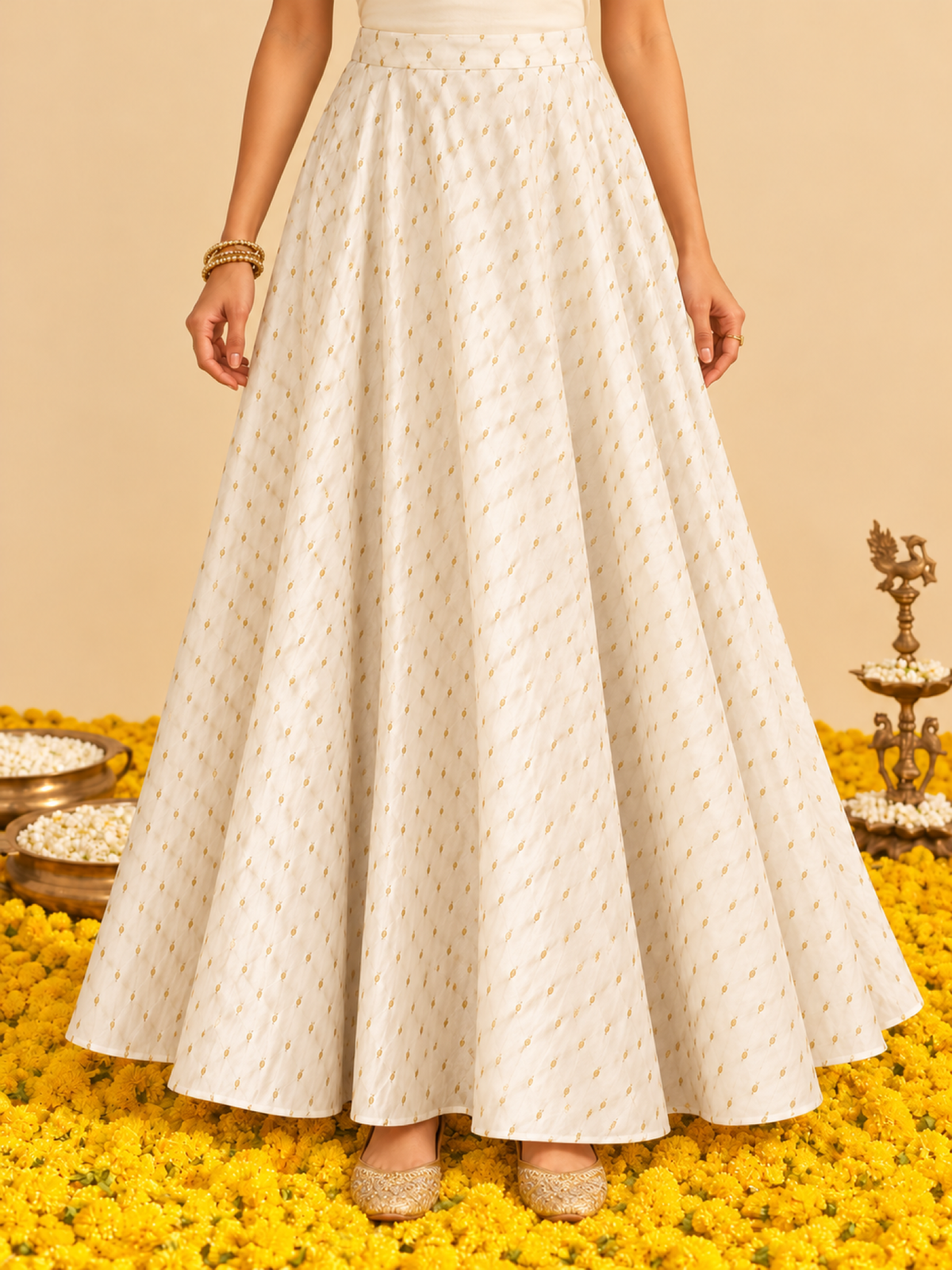 Skirt #01 – Gold Zeri Foil Cotton Flared Skirt in Ivory
