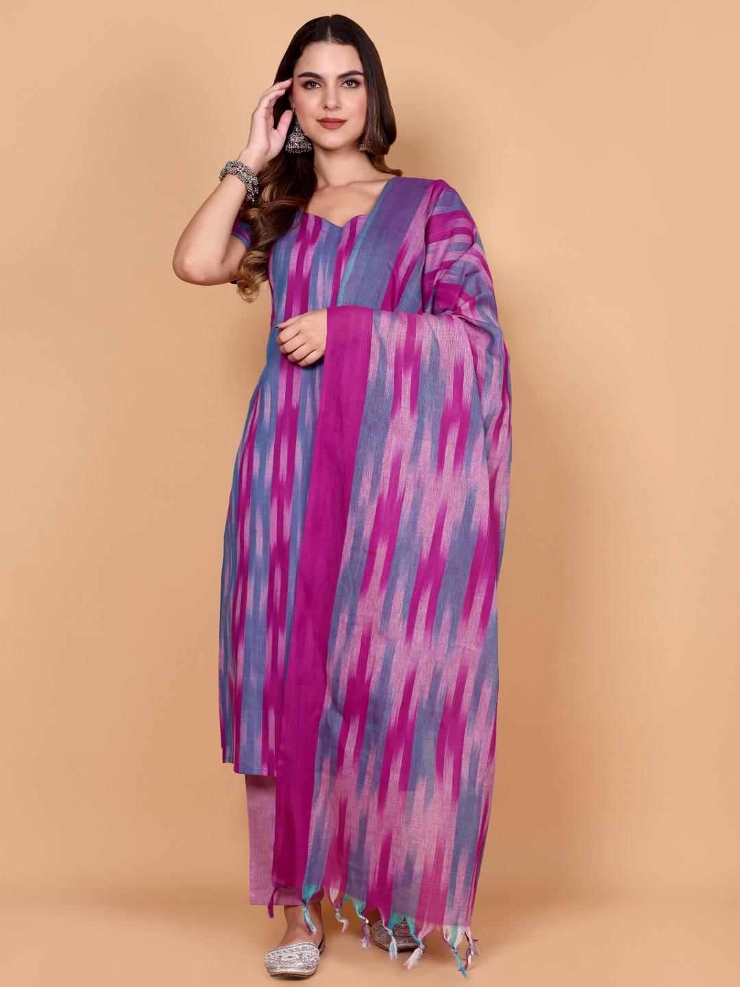 Kalki ( purple ) - ikat handloom cotton suit set with dupatta in purple & blue