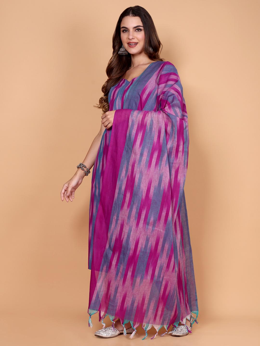 Kalki ( purple ) - ikat handloom cotton suit set with dupatta in purple & blue