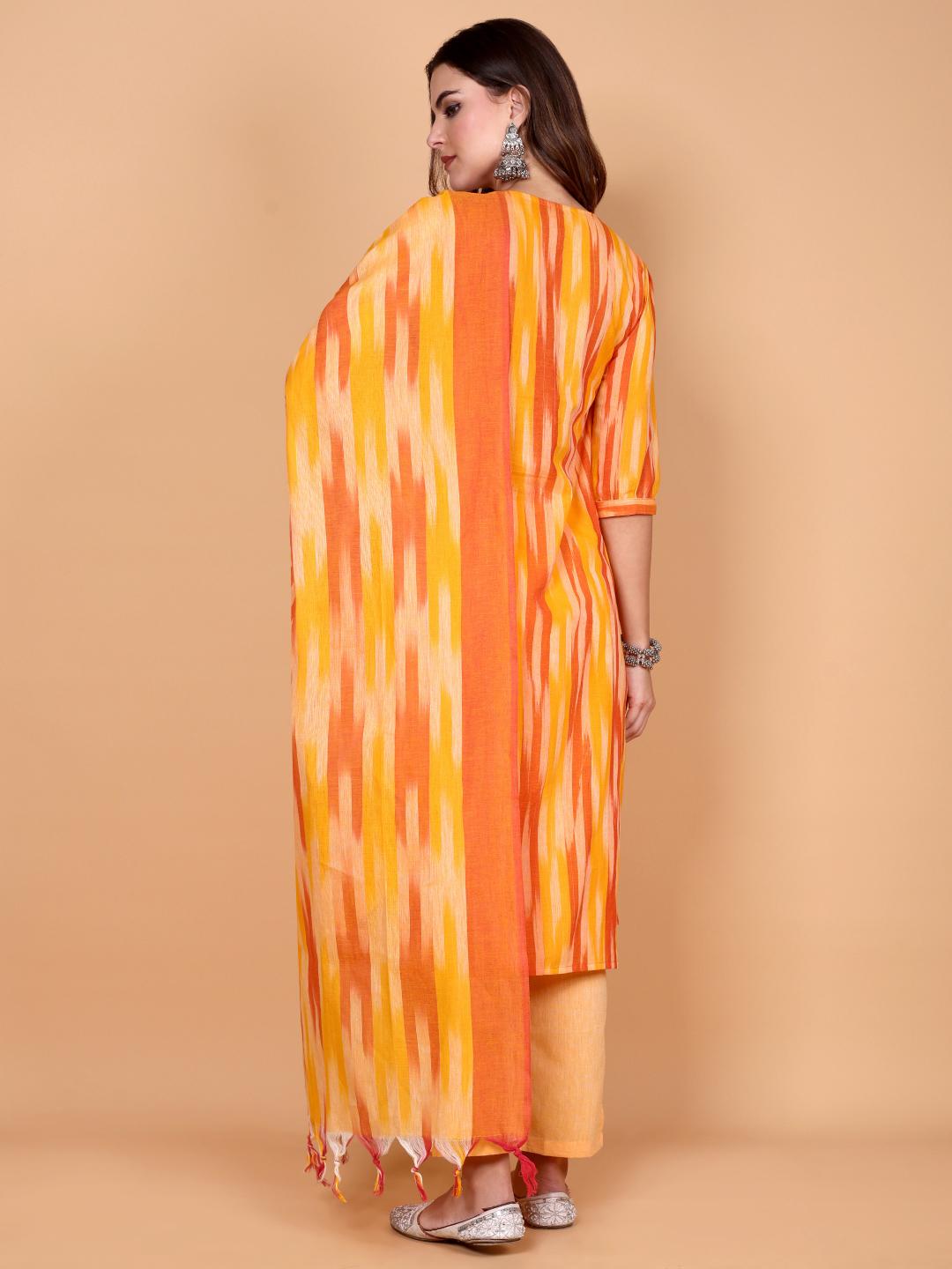 Kalki ( orange ) - ikat handloom cotton suit set with dupatta in orange & yellow