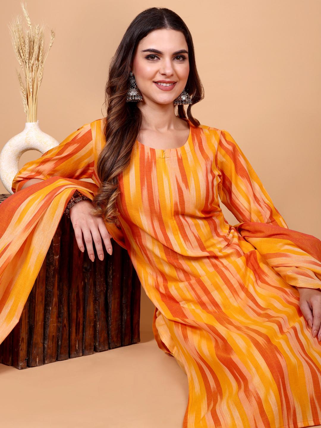 Kalki ( orange ) - ikat handloom cotton suit set with dupatta in orange & yellow