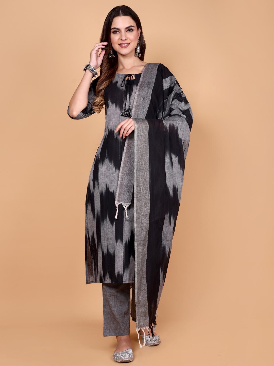 Kalki ( black) - ikat handloom cotton suit set with dupatta in black &amp; grey