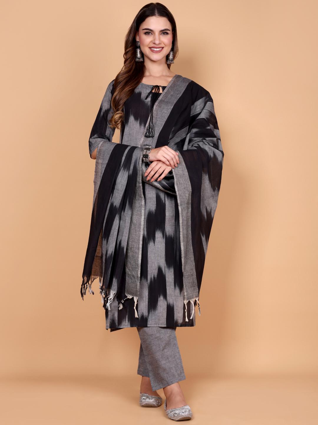 Kalki ( black) - ikat handloom cotton suit set with dupatta in black &amp; grey