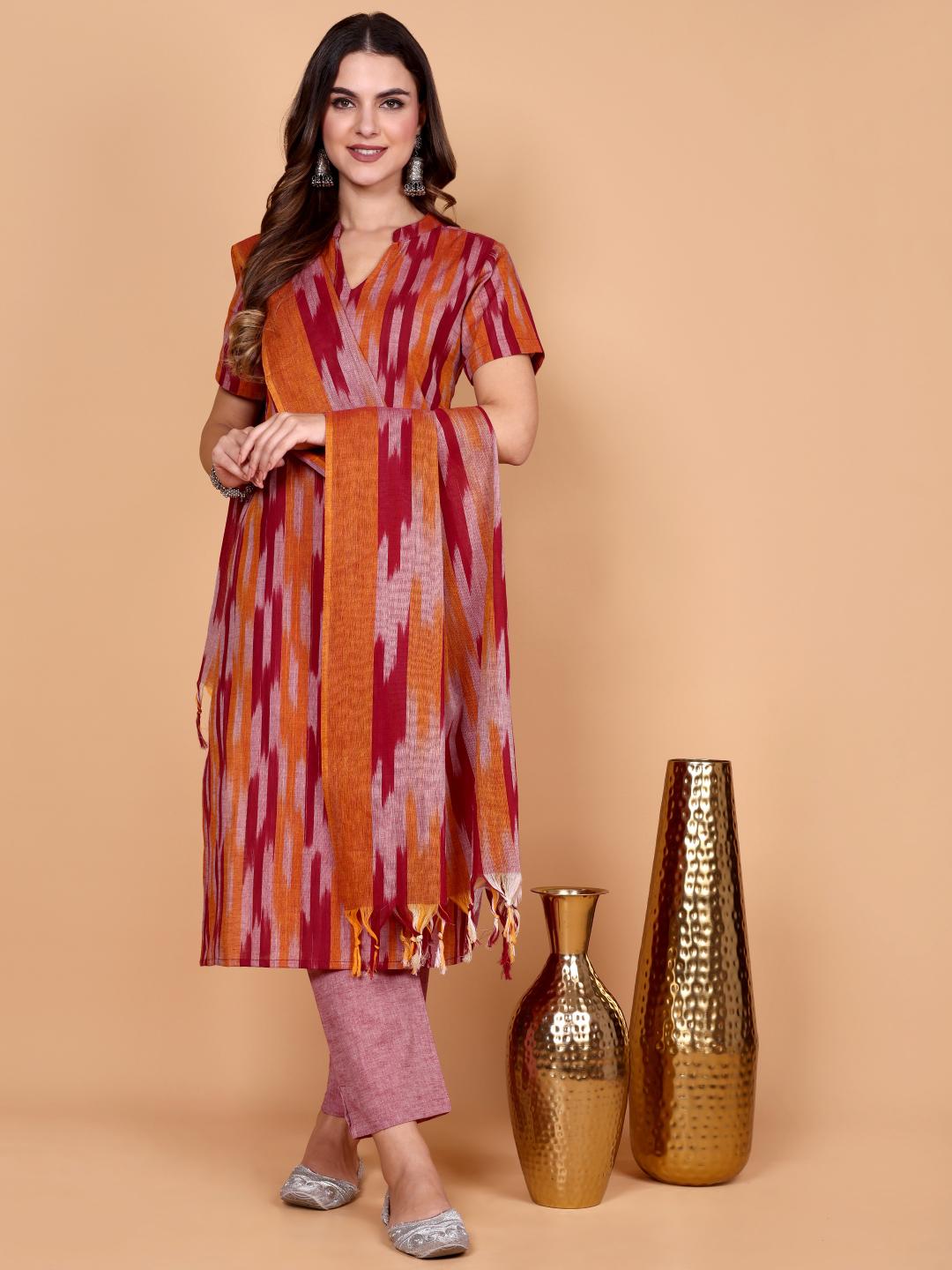 Kalki ( maroon ) - ikat handloom cotton suit set with dupatta in maroon &amp; rust orange